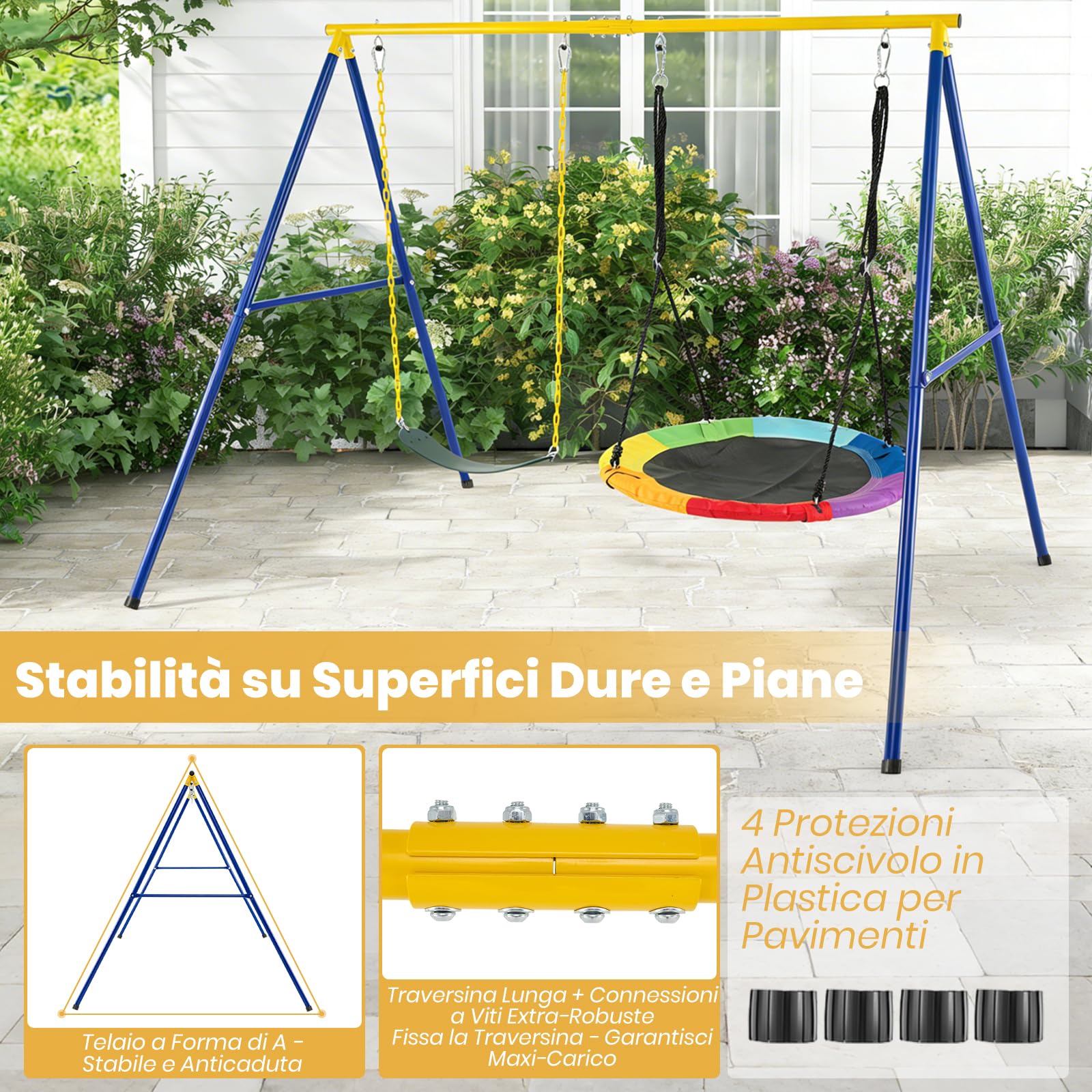 RELAX4LIFE Struttura per Altalena Doppia da Giardino con Portante 300kg, 2 Posti da Appendere, per Bambini e Adulti, Gioco Interno/Esterno, 4 Picchetti, Copripiedi e Moschettoni, Giallo e Blu