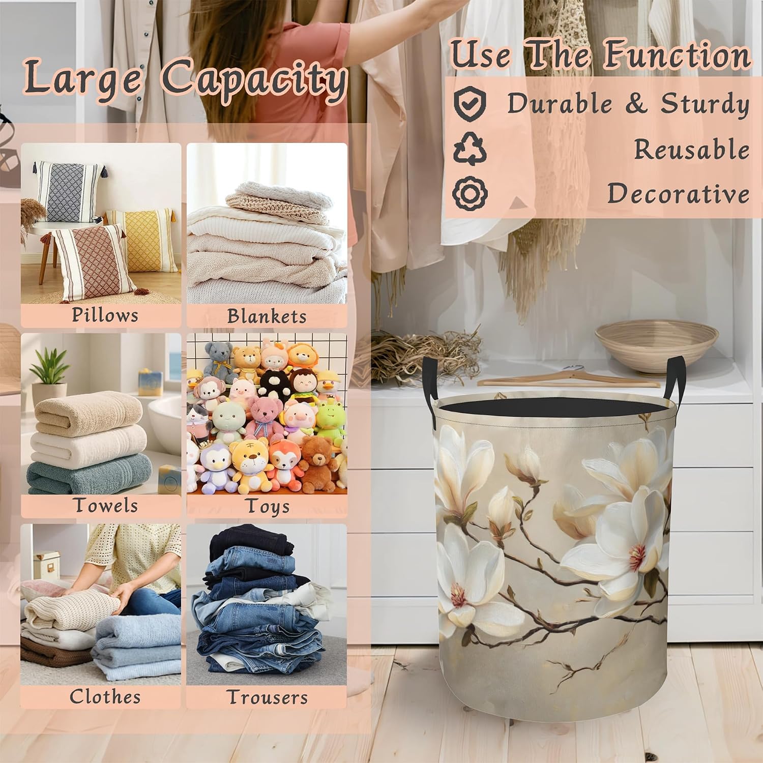 Vintage Magnolia Flower Laundry Basket,Foldable Oxford Cloth Laundry Hamper with Handles Waterproof Dirty Clothes Storage Basket for Bathroom Bedroom Dorm Room 16" x 20.8"