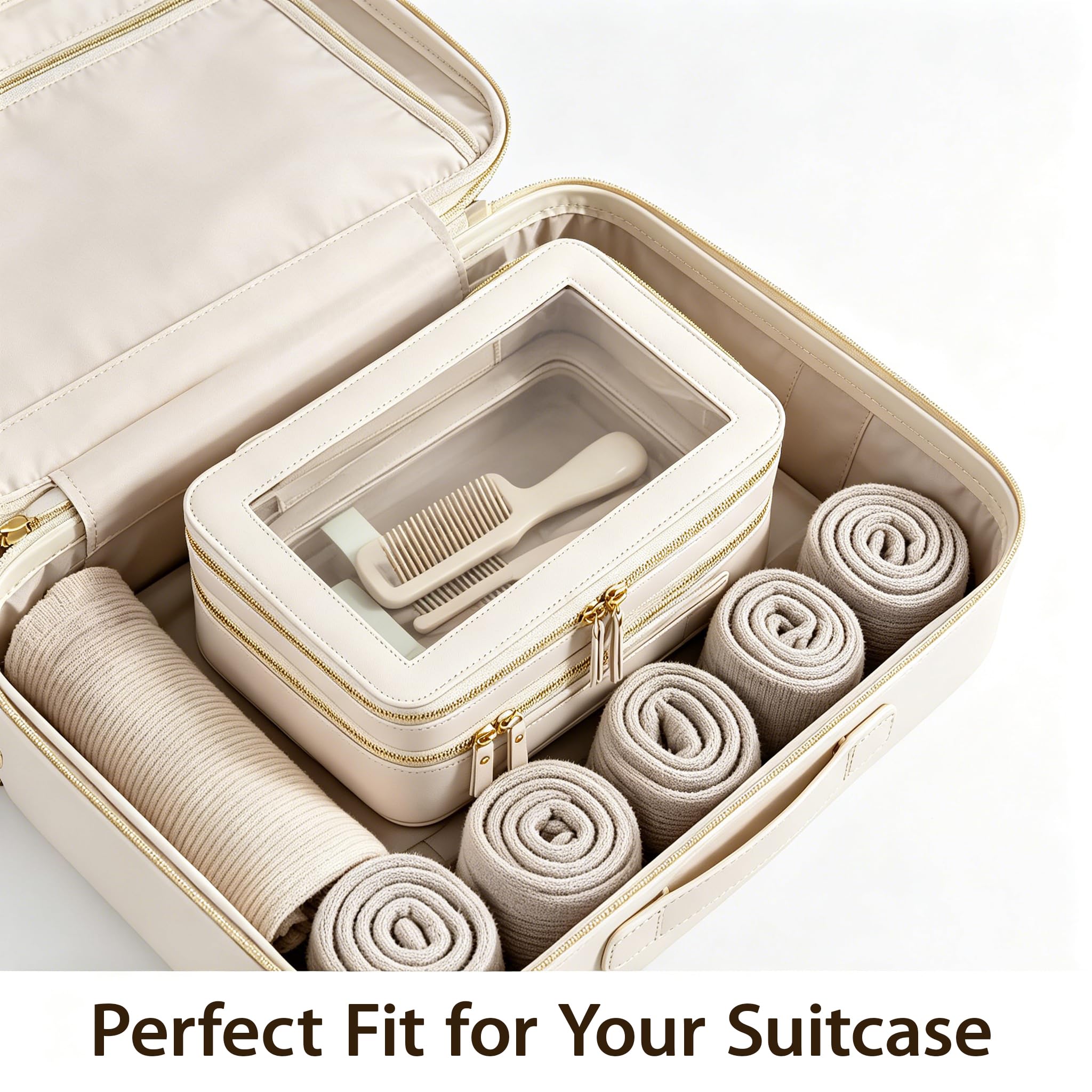 Bolsa de maquillaje transparente, bolsa de aseo de doble capa con cremalleras y compartimento, bolsas de cosméticos impermeables duraderas para cepillos, toallitas y peines