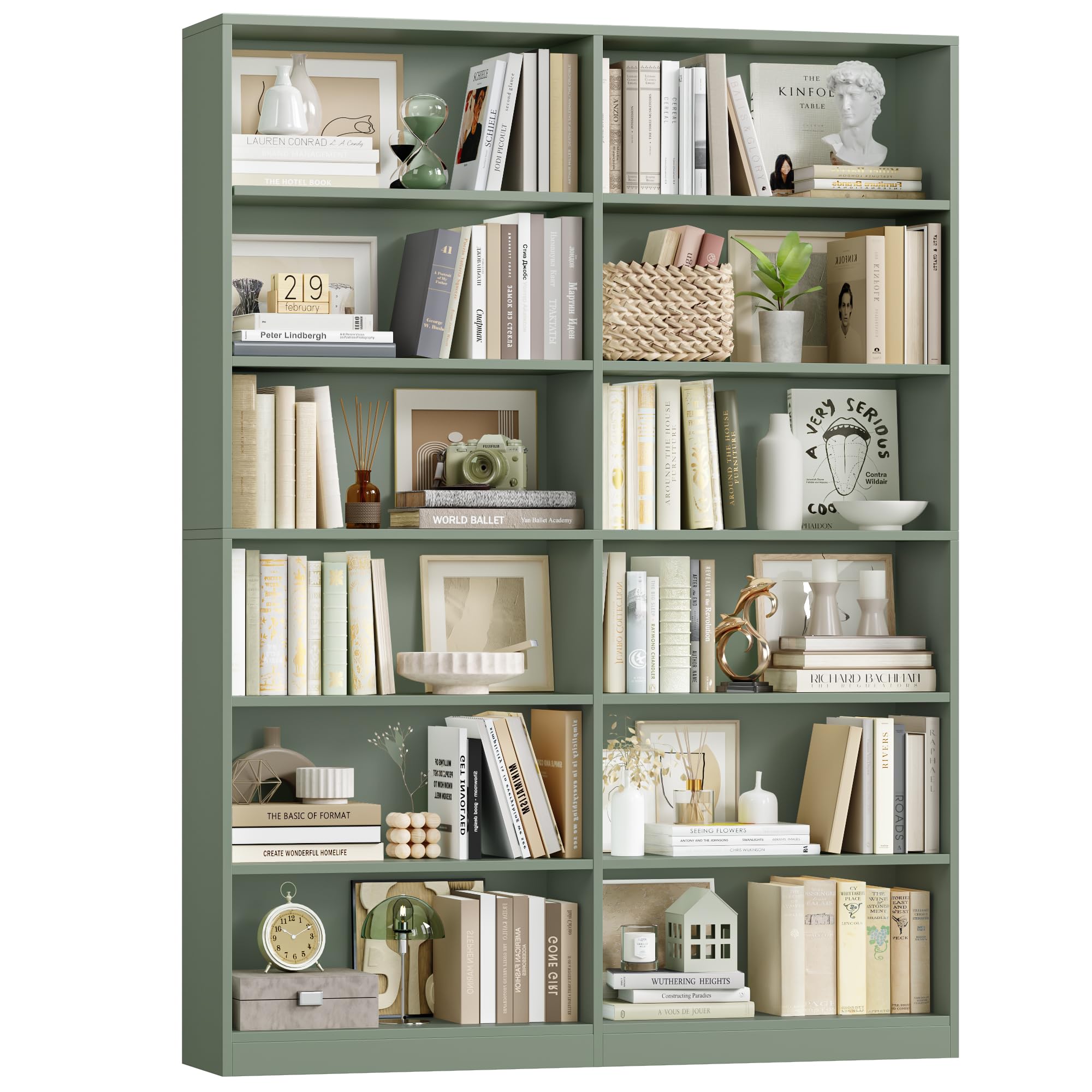 FACBOTALL Bookshelf and Bookcase, 6-Tier Double Wide Bookshelves, Freestanding Display Storage Shelves, Tall Bookcases for Home Decor Bedroom, Living Room, Home Office, Green