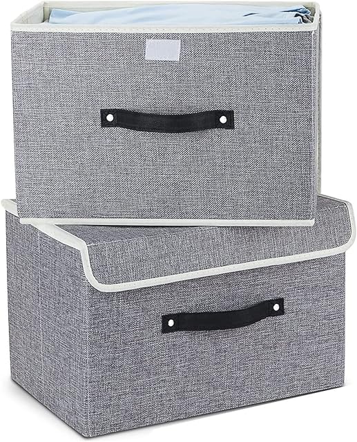 Amazon Brand - Umi Large Storage Boxes with Lids 2 Pack, Collapsible Storage Box with Handle, Linen Fabric Clothing Storage Bins Toy Box For Clothes, Towels, Books - 39x26x26 cm, Grey