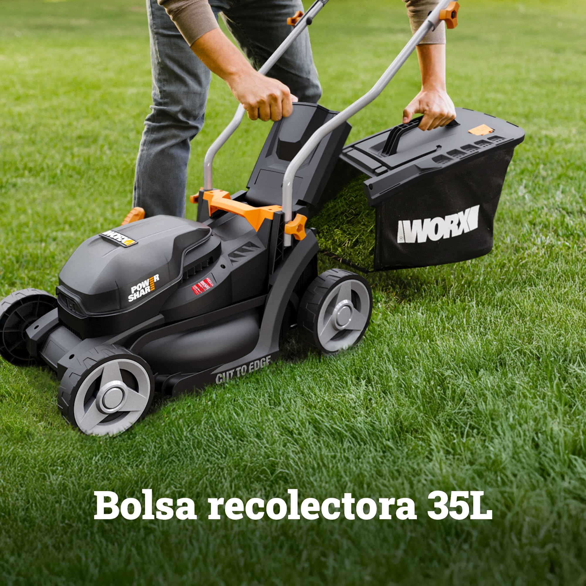 WORX WG733E akumulatorowa kosiarka 20 V, szerokość cięcia 33 cm, kosz na trawę 35 l (wydajny silnik bezszczotkowy, 6 ustawień wysokości cięcia (25-75 mm), technologia Intellicut, w zestawie akumulator