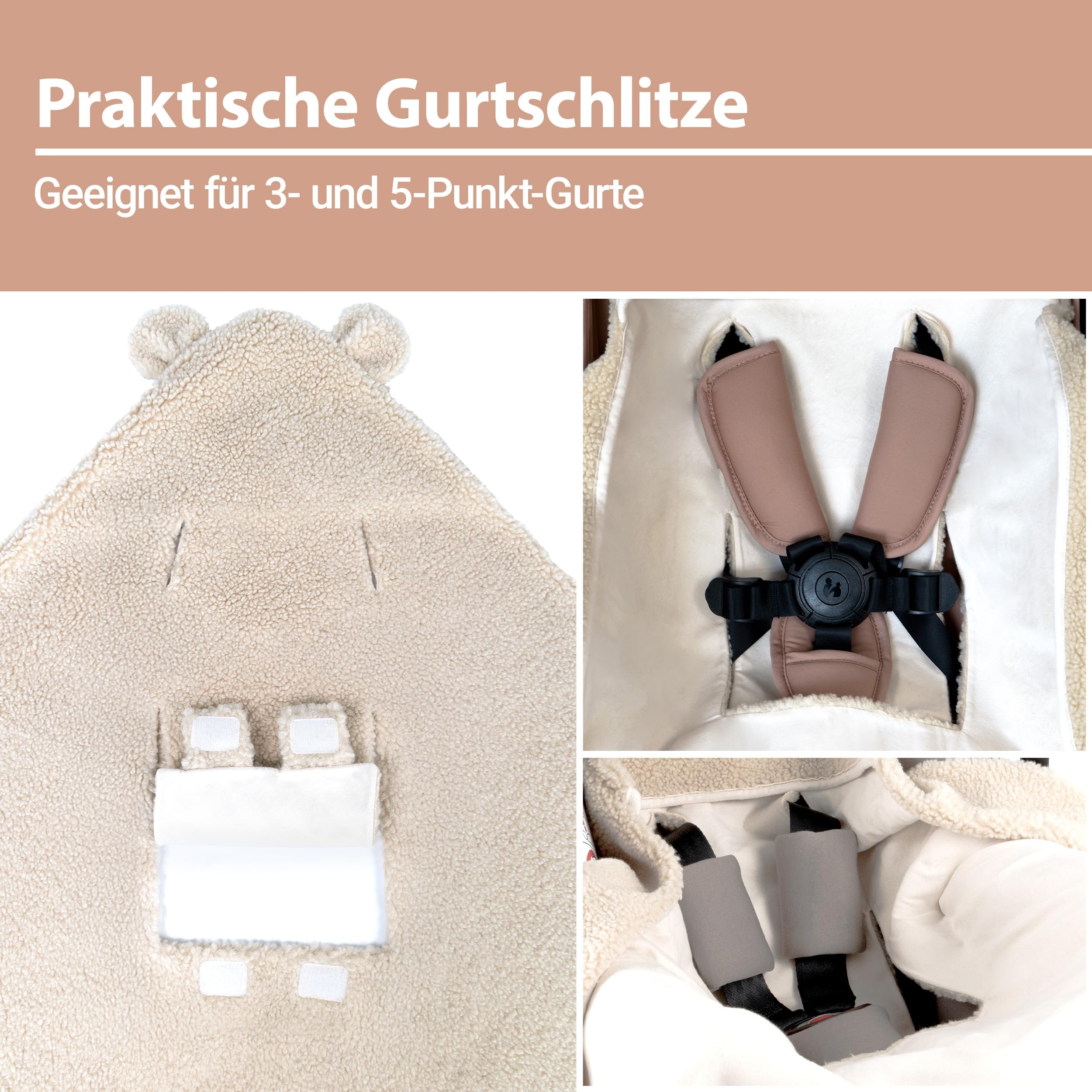 Zamboo Baby Einschlagdecke Fluffy Fleece 80x80 cm Oeko-TEX Zertifiziert mit Öhrchen & Gurtschlitzen Beige