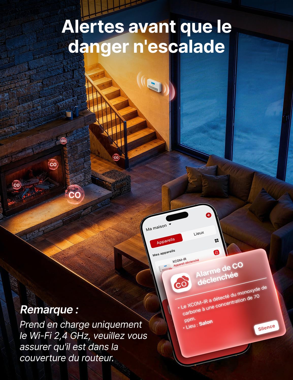 X-Sense Détecteur de Monoxyde de Carbone Connecté avec Alertes Vocales Français, Détecteur de CO avec Moniteur de Température et d'Humidité, Batterie Remplaçable, Niveau de Pic CO Historique, XC0M-iR