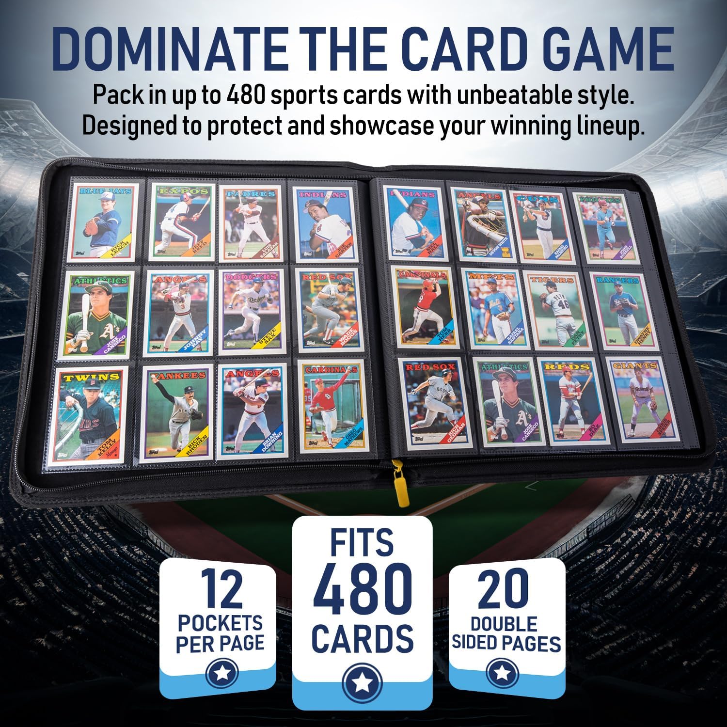 Premium TCG Card Binder For 480 Side Loading Pockets | Sports Trading Card Binder 12 Pocket Zipper, Collectible Trading, Magic, MTG, Baseball, Football Ringless Storage Organizer Album.