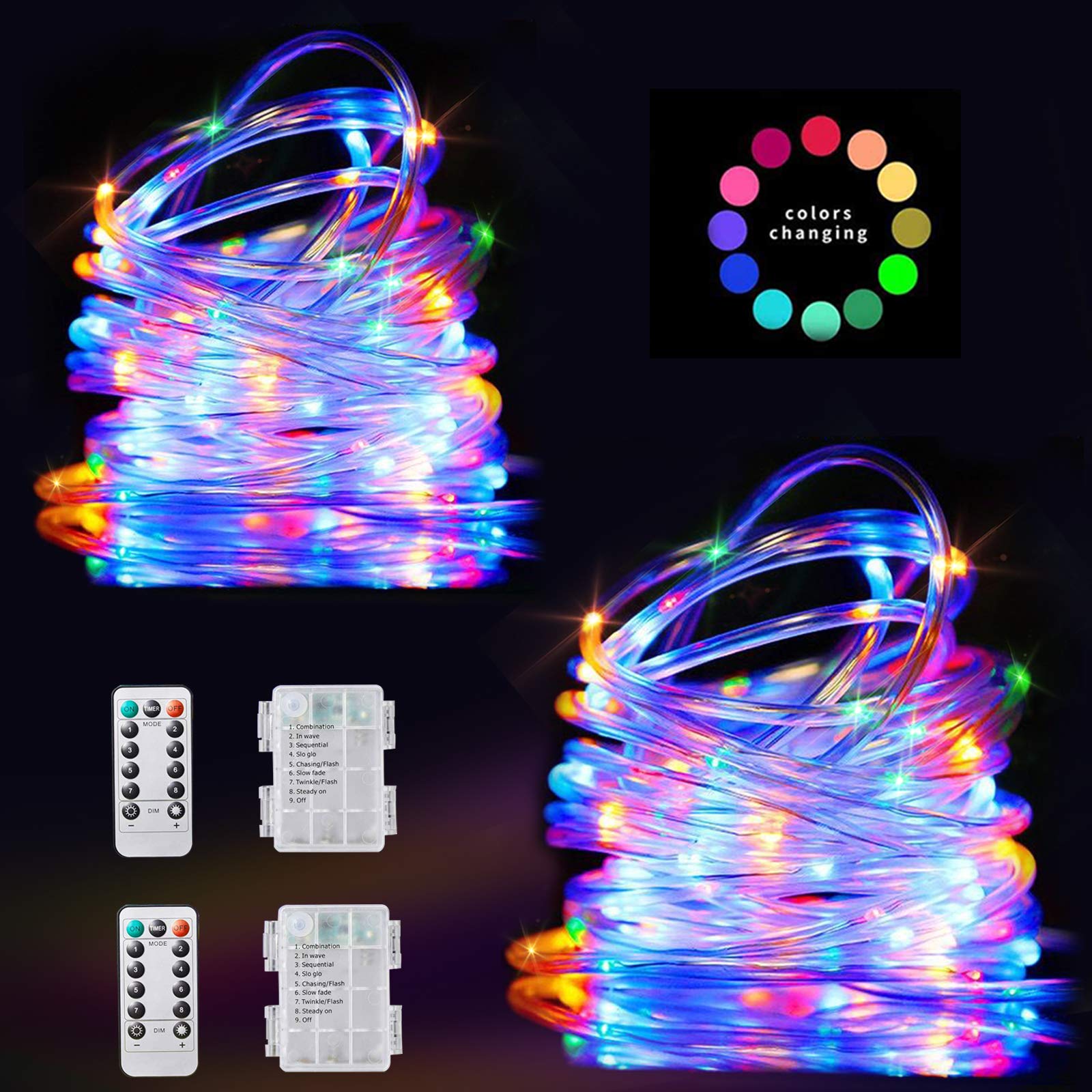 Aigleya LED Rope Lights, 2 Pack Multicolor Christmas Lights Outdoor with Remote Control, 40ft 120 LED 8 Modes Waterproof Strip Lighting Battery Operated for H Christmas Party Holiday