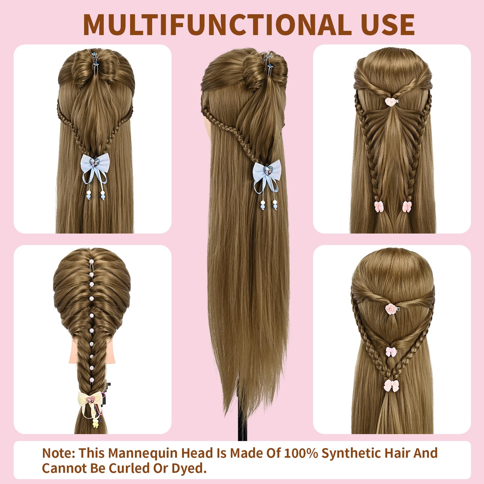 Mannequinkopf mit Haarfrisur, 71,1 cm, für Kosmetik, zum Üben, Flechten, Puppenkopf für Haarstyling, Trainingskopf zum Flechten, Frisieren, mit gratis Perückenkopf-Ständer und Haarstyling-Werkzeug-Set