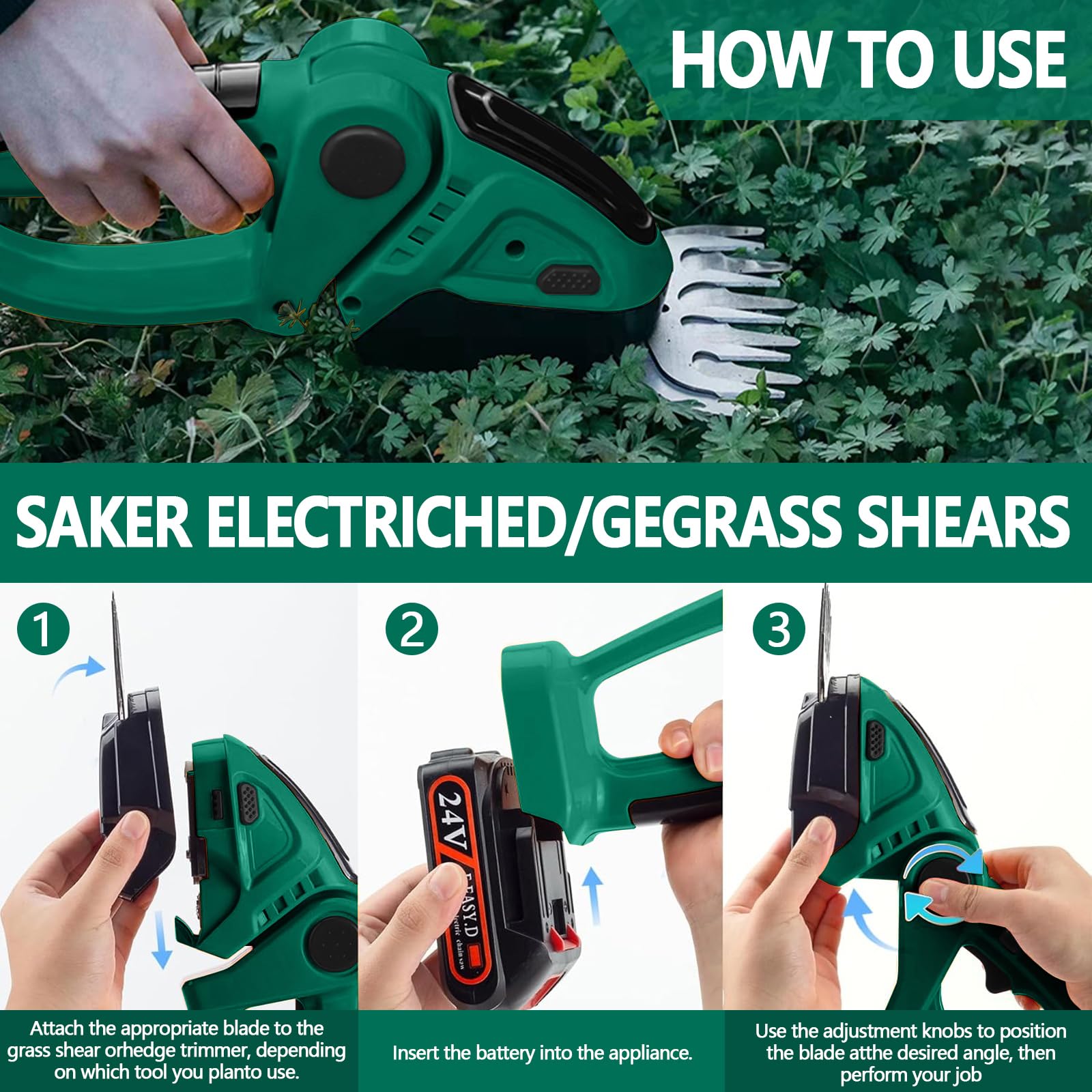 ROCKY&CHAO Taille-haie et cisaille à gazon sans fil 24 V 2 en 1 avec 2 batteries de 1500 mAh, lames SK5 de 12 cm/23 cm, cisaille à gazon pratique pour jardin et pelouse