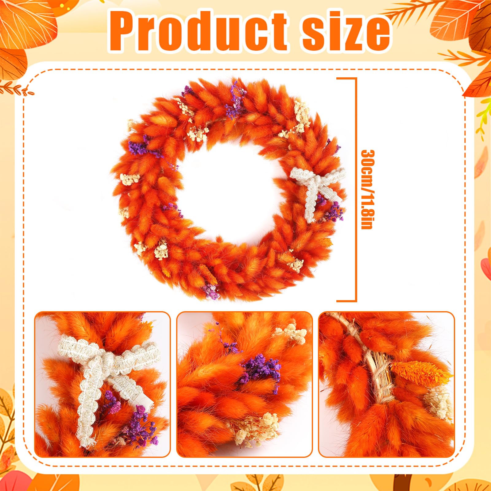 Couronne de fleurs séchées - Véritable plante suspendue d'automne - Feuilles d'érable artificielles - Guirlande pour fête de jardin, Thanksgiving, cheminée, décoration de mariage - Anneaux en bois (L