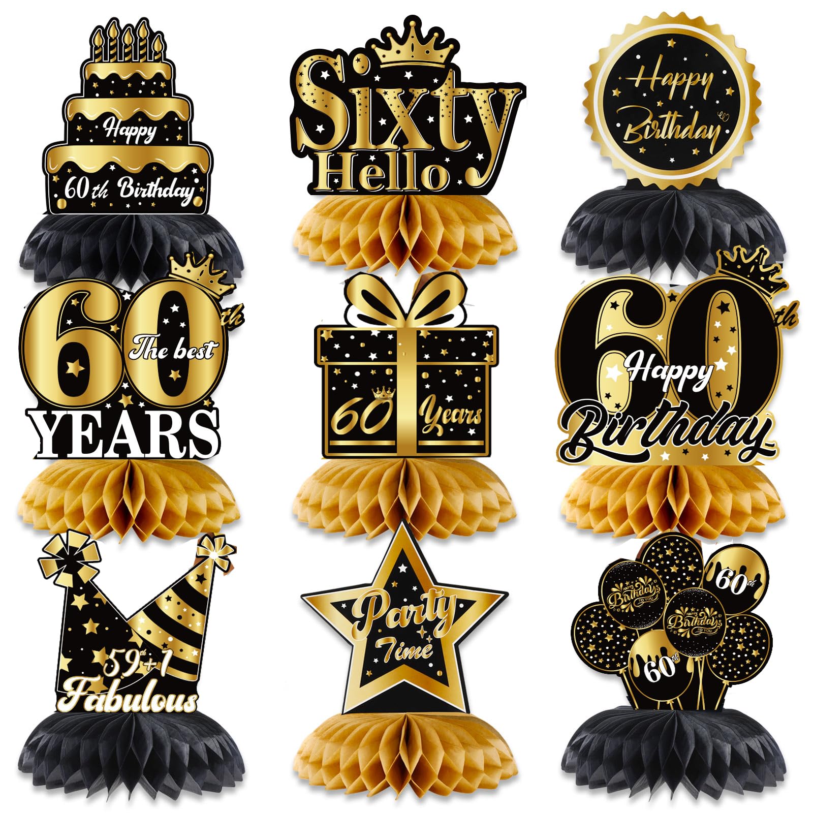 Qpout 9 Pieces 60th Birthday Honeycomb Centerpieces for Women Men, 60th Birthday Party Table Centerpieces Decorations, Black and Gold, Cheers to 60 Years Bday Table Toppers Decor