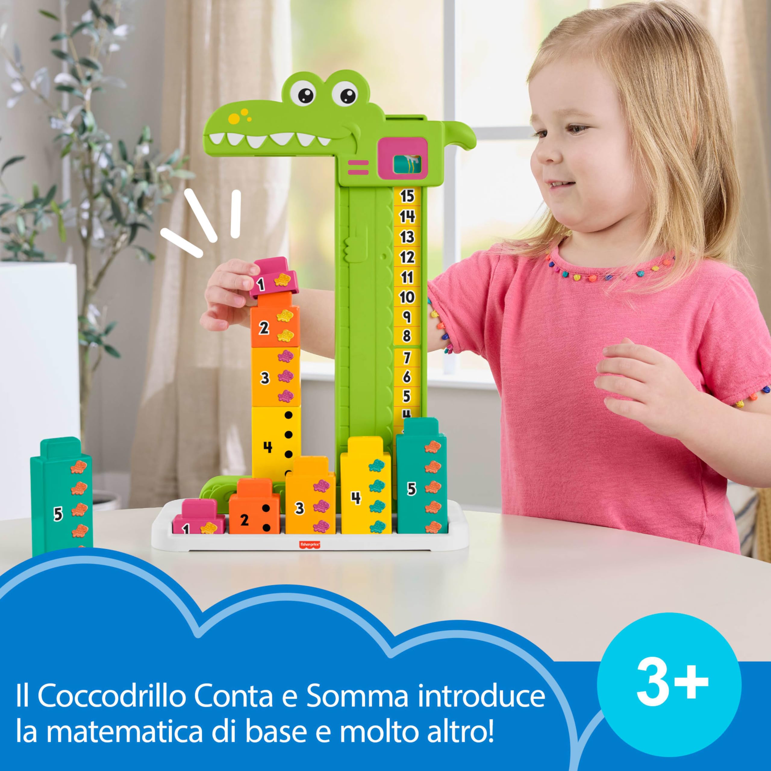 Fisher-Price - Coccodrillo Conta e Somma, Set educativo con 10 Blocchi impilabili per l'apprendimento prescolare del conteggio e delle somme, Giocattolo per Bambini, 3+ Anni, JCT13