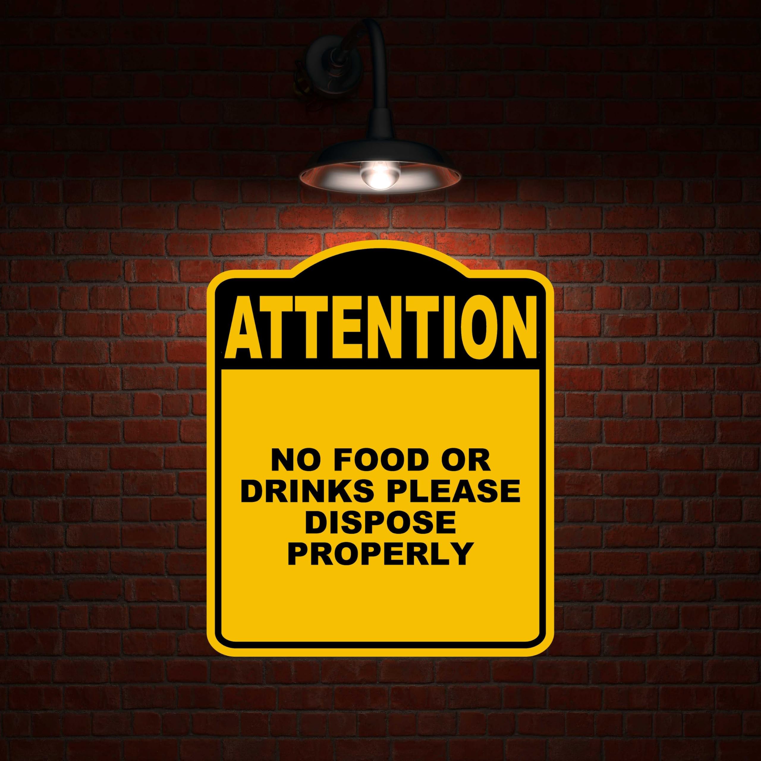 NO FOOD OR DRINKS PLEASE DISPOSE PROPERLY Attention Yellow Black Aluminum Composite Sign 15 x 18 inches