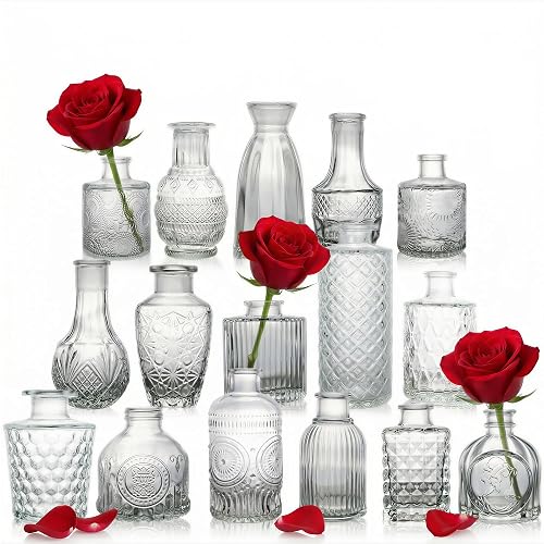 Saage 16-Piece Bud Vases Set, Vintage Clear Glass Vases for Centerpieces in Bulk, Elegant Wedding & Home Decor, Small Flower Vases, Mini Table Decor & Accents