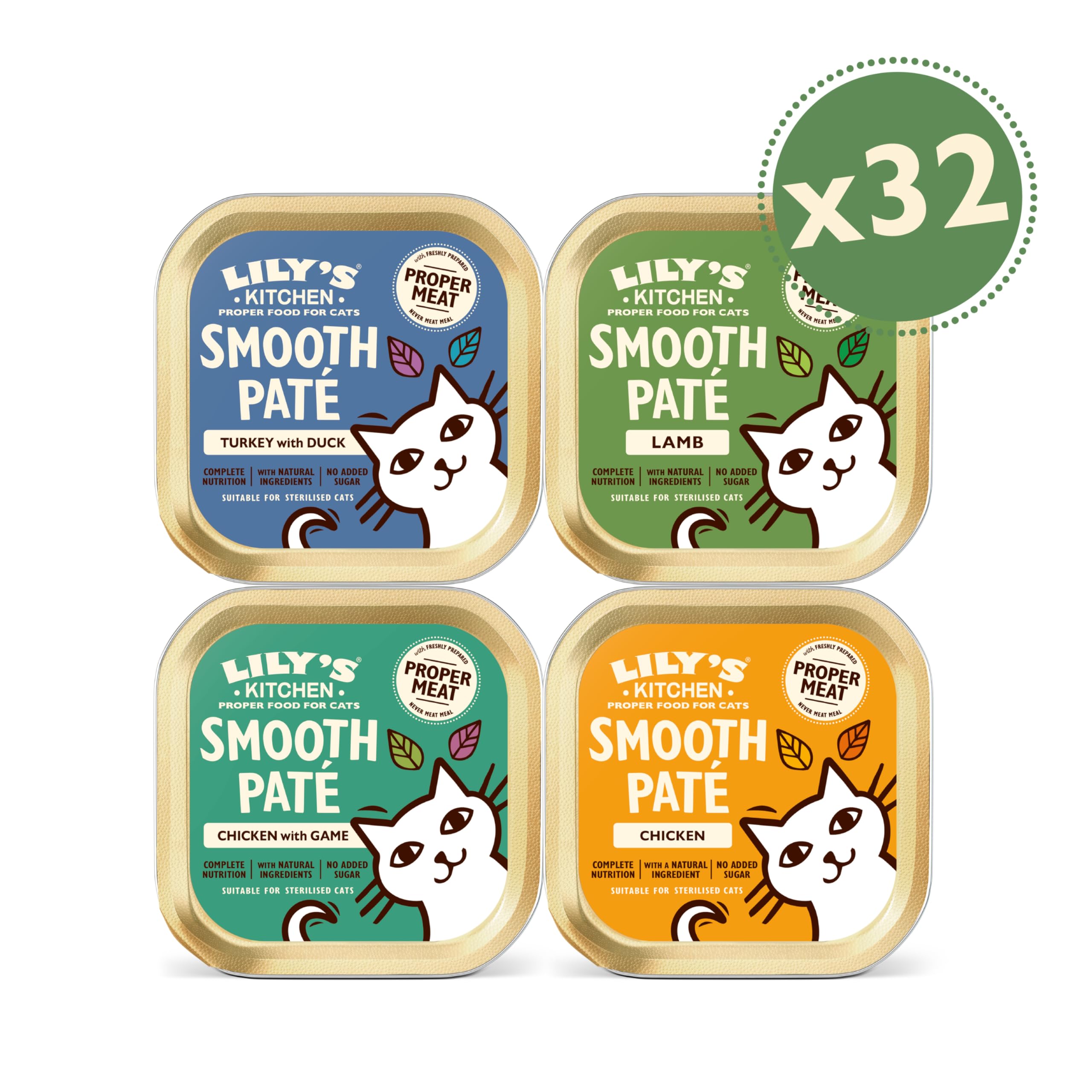 Lily's Kitchen Bandeja de alimento húmedo natural de tipo paté suave para gatos adultos: paquete variado de recetas sin cereales (32 x 85g Tarrinas)