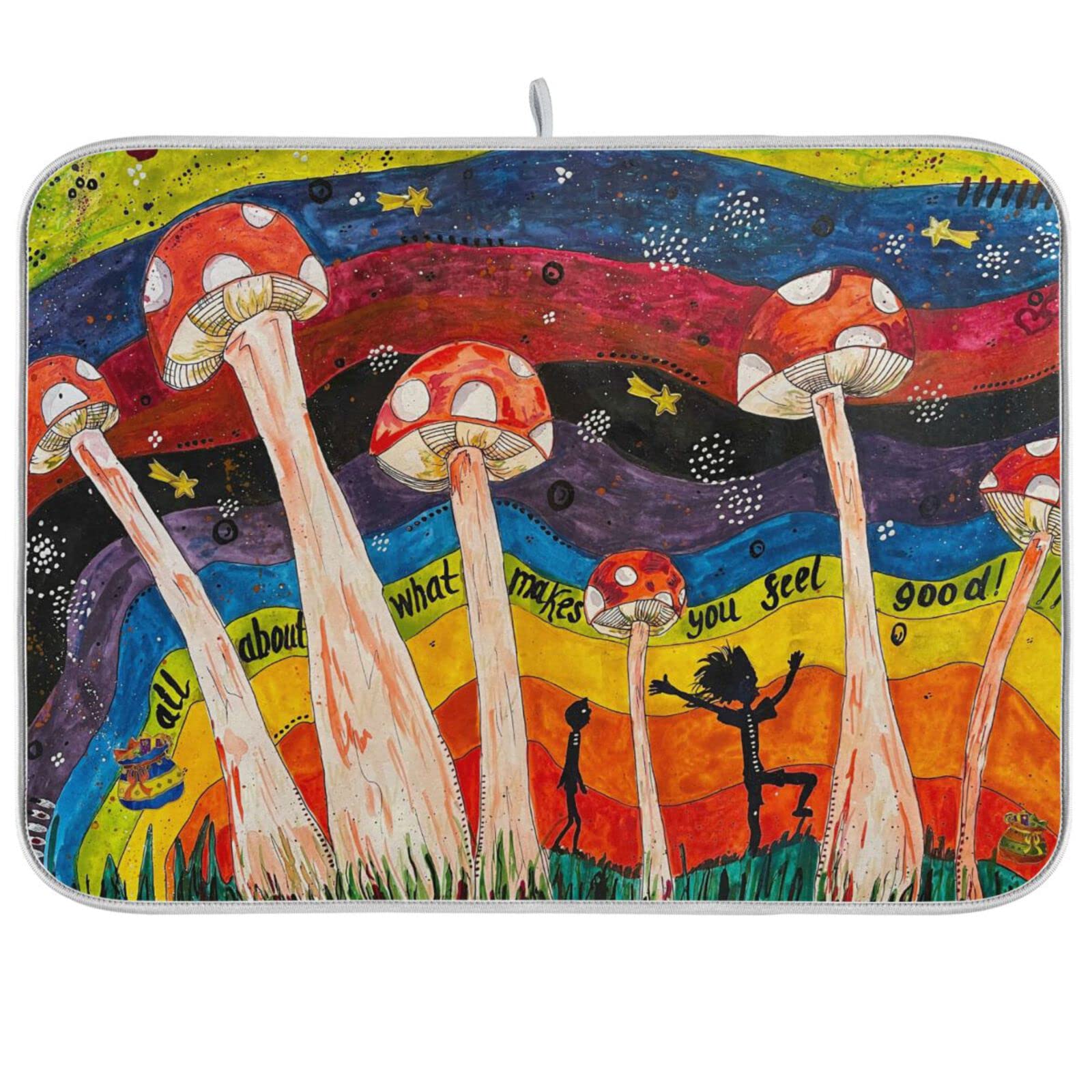 Absorbent Dish Drying Mat for Kitchen Counter - Cute Little Mushroom Microfiber Drying Pad, Reversible Drainer Mats for Countertop, Small 16 x 18 inch
