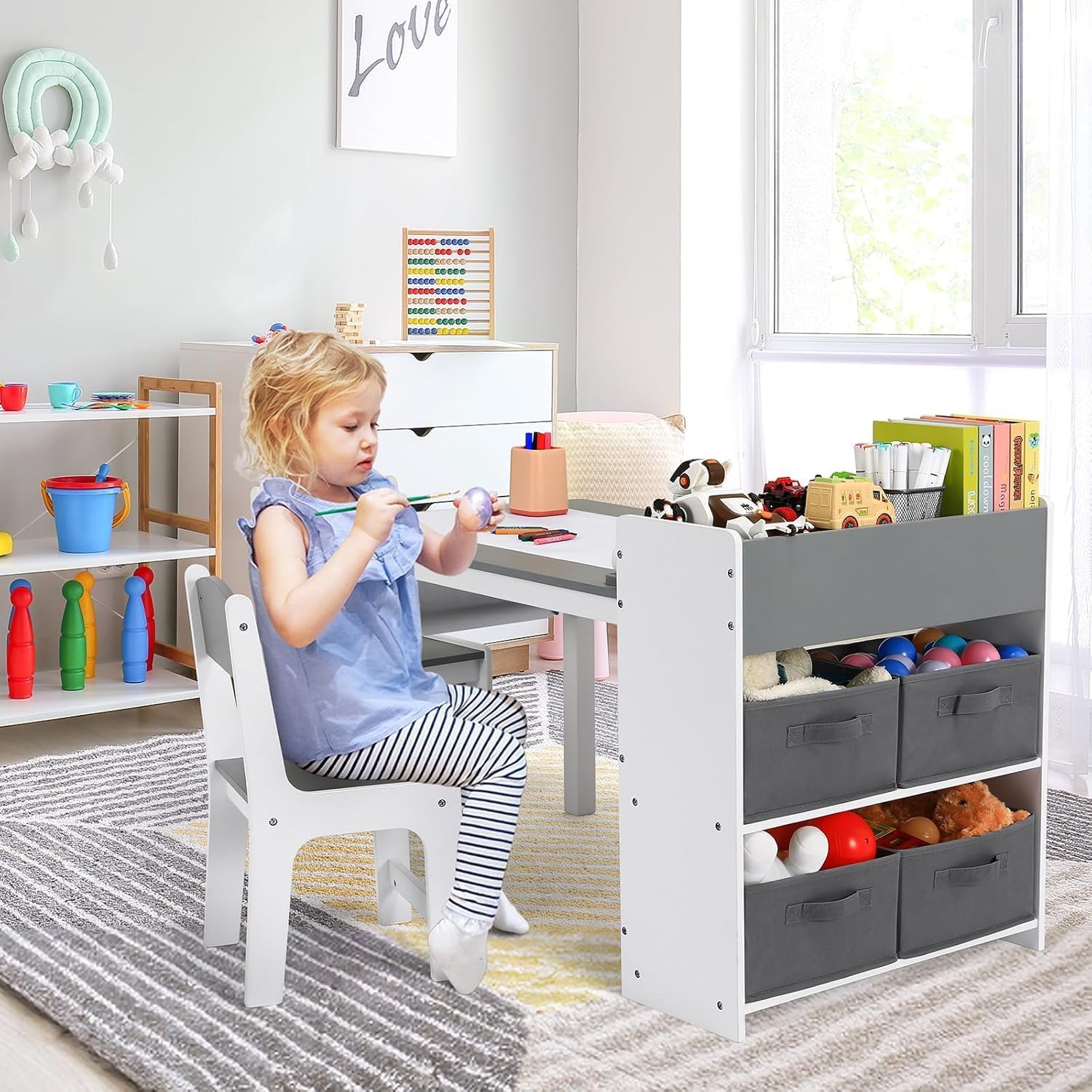 MAMIZO Kindertisch mit 2 PCS Stühlen, Maltisch & Basteltisch Kinder, Tisch & Stühle Kinderzimmer Set, Spieltisch mit Stauraum für Kinder ab 3 Jahren (Grau Weiß)