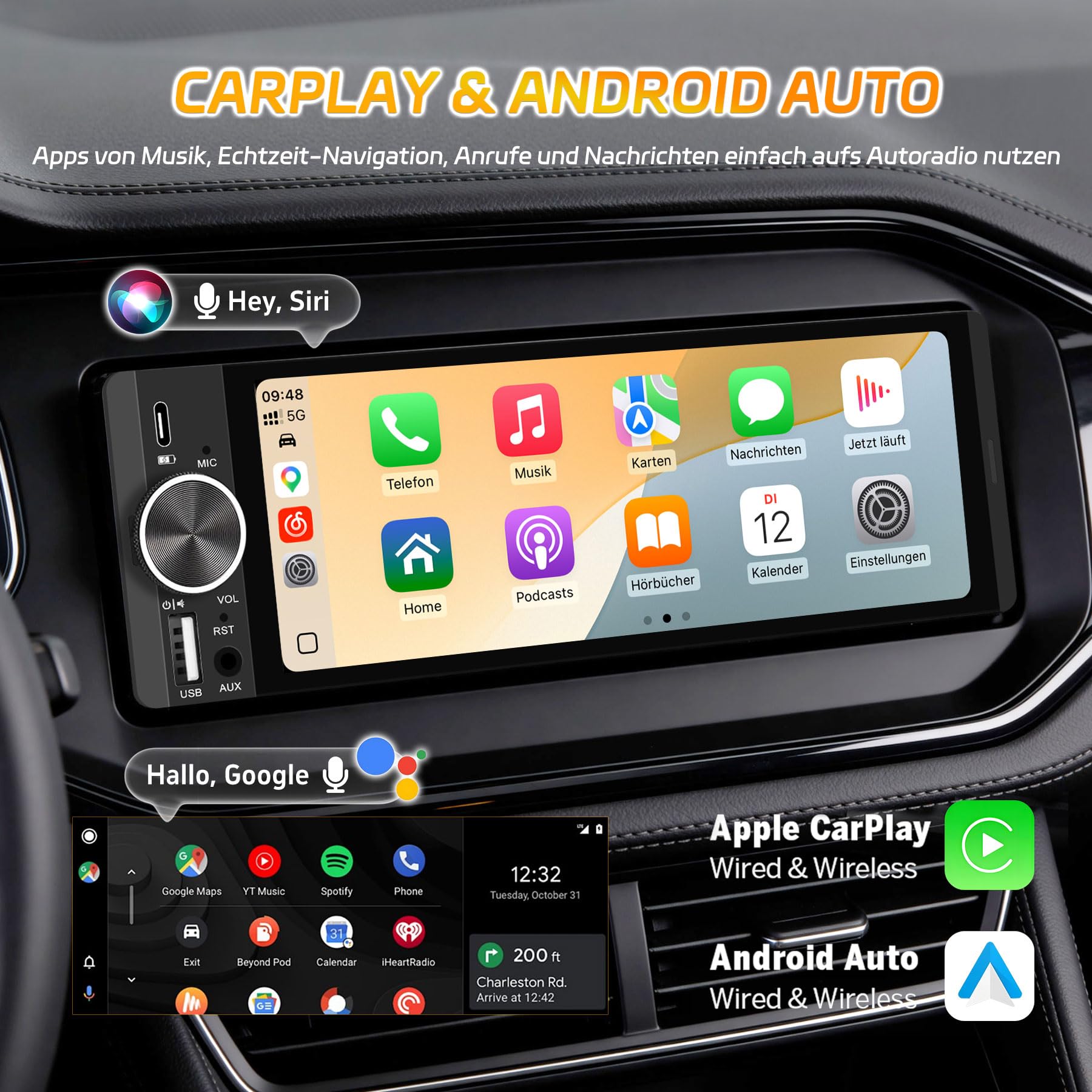 1Din Bluetooth Autoradio mit Bildschirm CarPlay/Android Auto Rückfahrkamera | 6,28 Zoll Touch Display mit GPS Navigation, FM, Lenkradsteuerung, MirrorLink, Equalizer, USB-C, AUX, Single Din Auto Radio