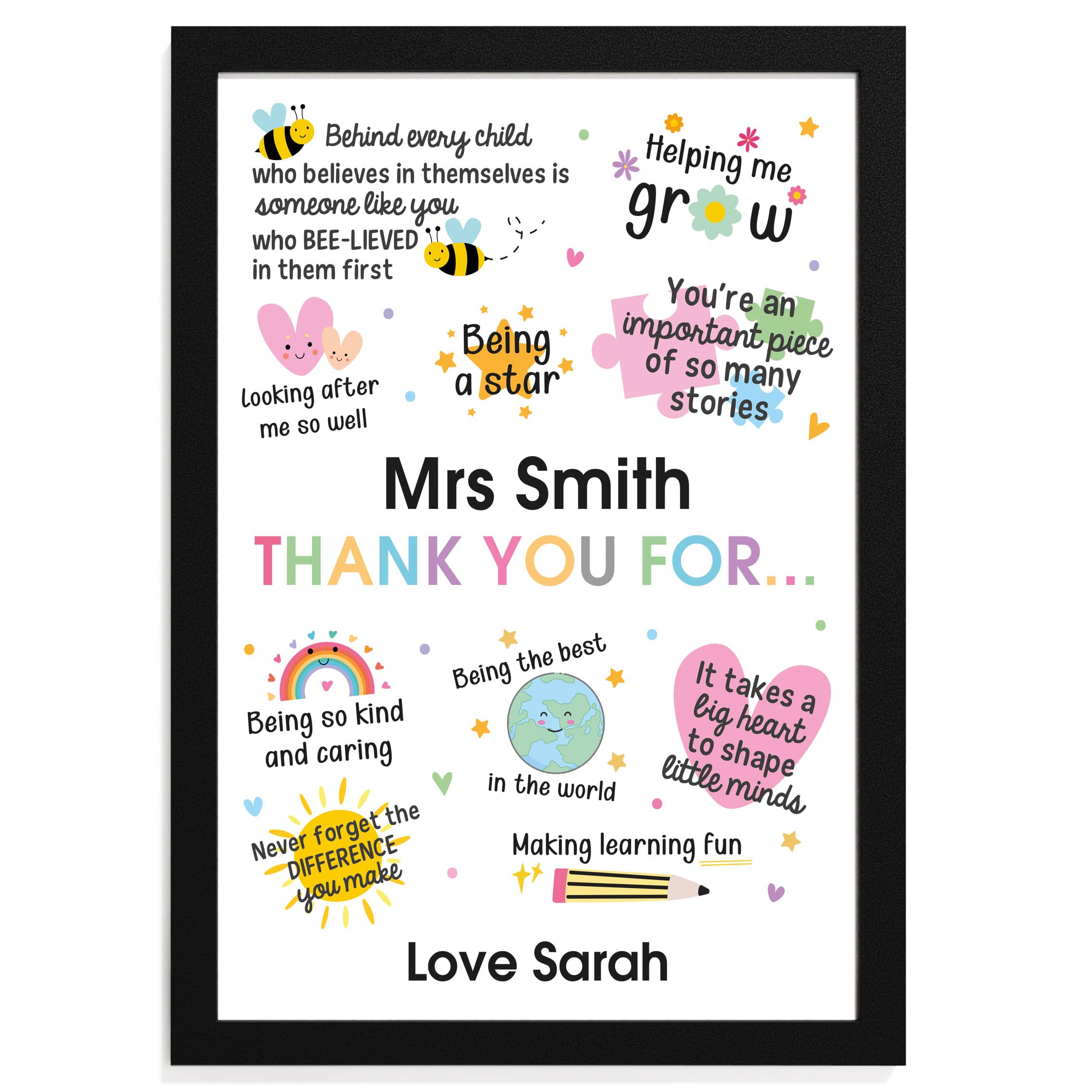 Beecreative Personalised Teacher Gifts For Women - Custom A5 A4 Print And Wooden Frame - Thank You Nursery Teacher Presents