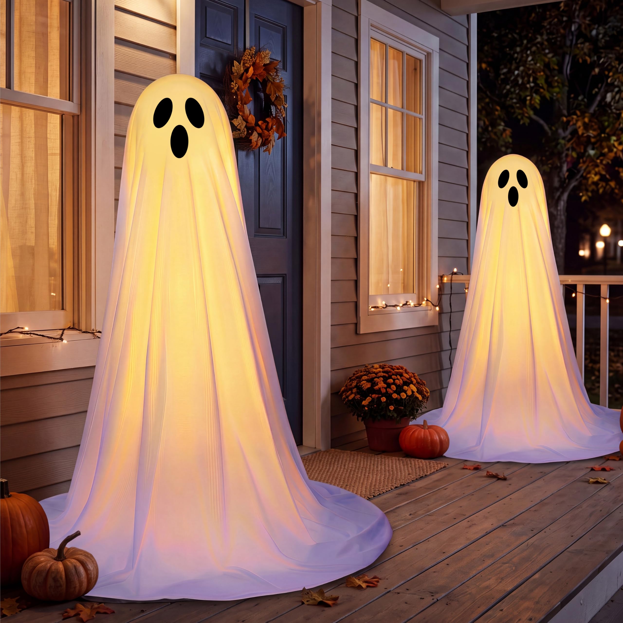 JOYIN Dekoracje halloweenowe na zewnątrz, stojący, duch, dekoracja na Halloween, z ciepłymi łańcuchami świetlnymi i timerem, na podwórko, werandę, trawnik, ogród, artykuły imprezowe