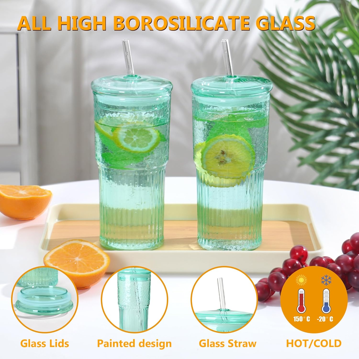 20 OZ Glass Cup with Lids and Glass Straws, High Borosilicate Iced Coffee Glass Tumblers with Lid and Straw for Drinks, 2pcs Reusable Wide Mouth Smoothie Cup(Cyan) - Image 3