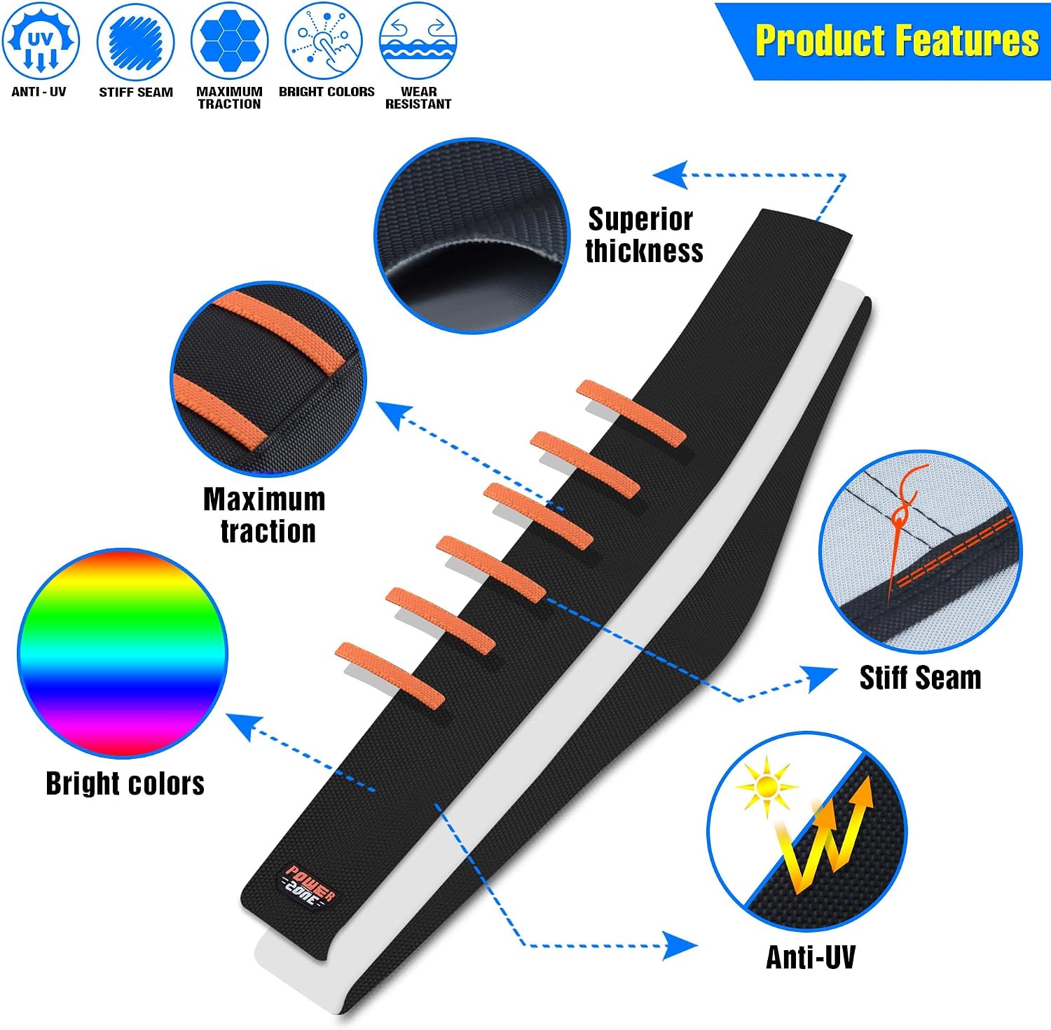 Motorcycle Universal Seat Cover Non-Slip Rubber Striped Gripper Soft Sewing for CRF WR WRF RMZ YZF SXF EXC EXC XC SX CR KLX Dirt Pit Bike Motocross Off Road Motorbike (Orange)