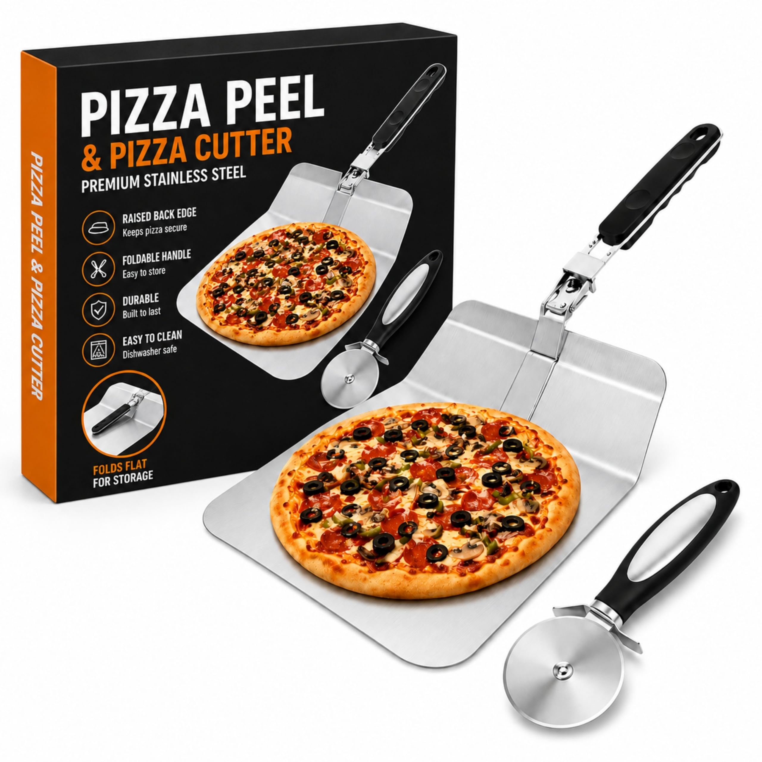 Foldable Pizza Peel & Pizza Cutter, Stainless Steel - Easy to Clean & Store
