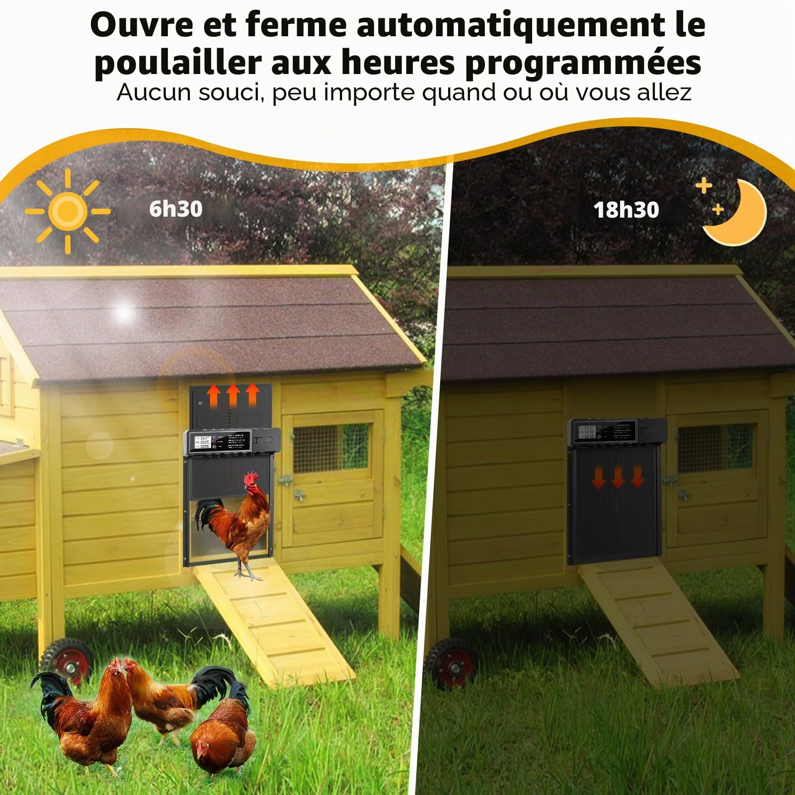 talifoca Porte Poulailler Automatique Batterie avec Écran LCD Étanche, Porte Automatique Poulailler en Aluminium avec Anti-Pincement, Minuterie, Ouvre-Porte Vertical(Aucune Pile Incluse)