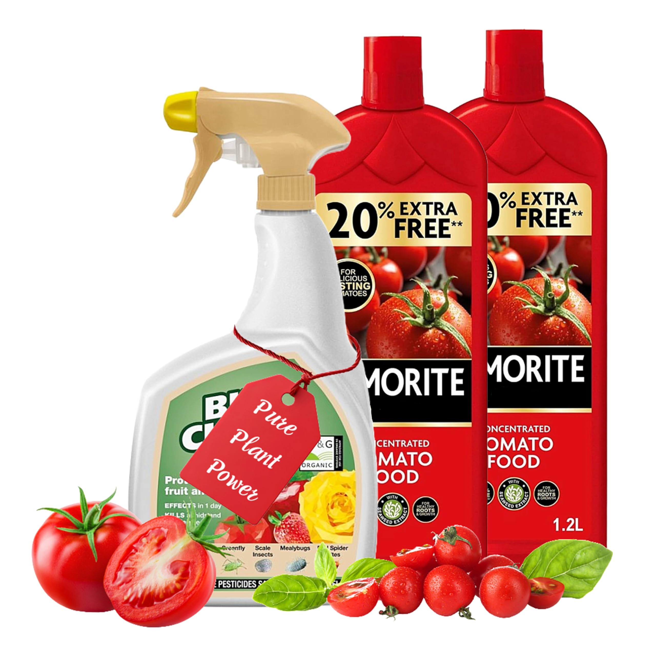 Tomato Plant Food Growing Fertilizer - Bundle of 2 x 1.2L Tomato Feed Concentrated Liquid Enriched Seaweed Fertiliser & 800ml Bug Clear Controller for Fruit and Vegetable Plants with Topline Card