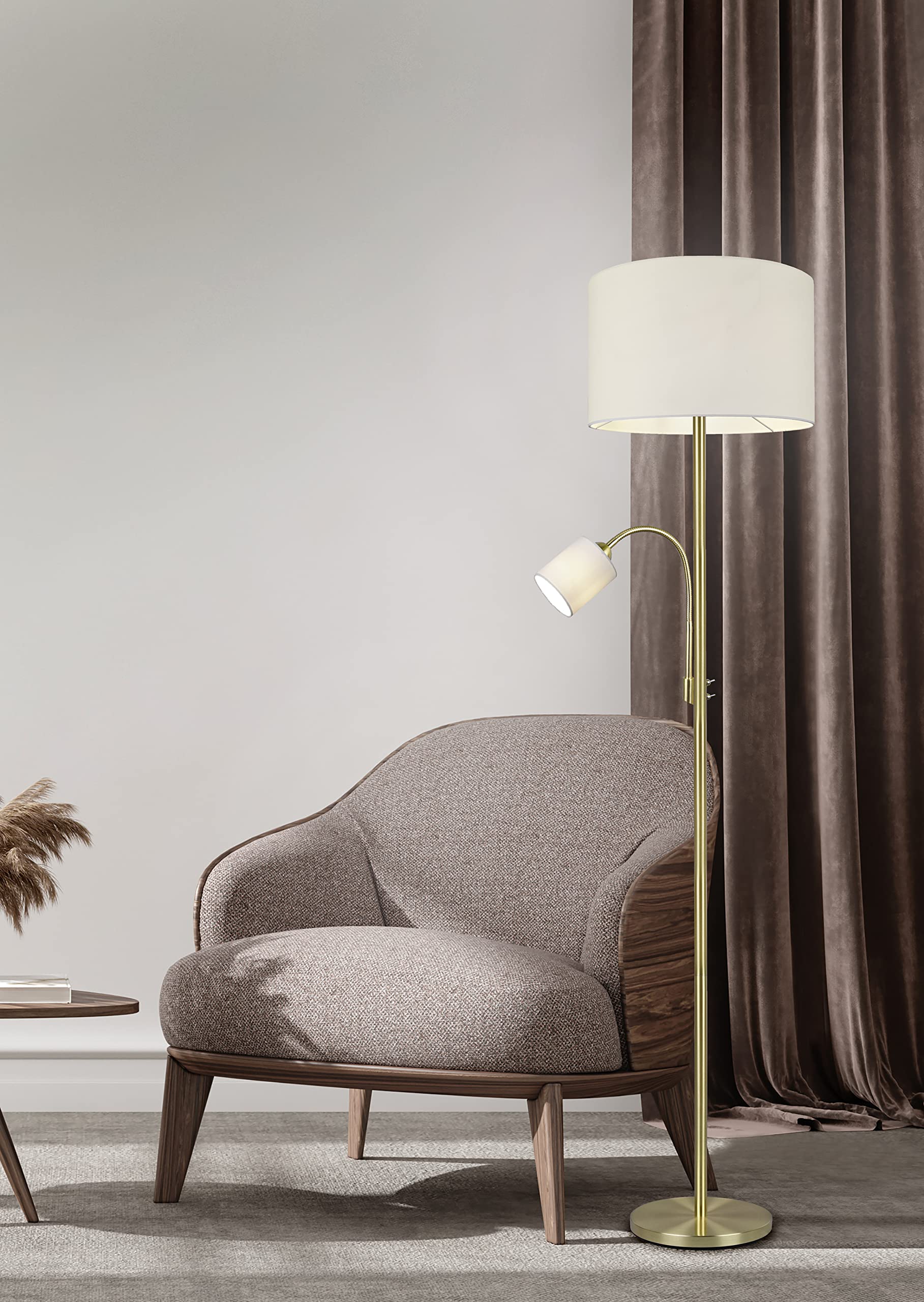 Trio Leuchten Lampa stojąca Hotel 403900208, metal mosiądz matowy, abażur z tkaniny kremowo-biały, bez żarówki 1 x E27 i 1 x E14, z przełącznikiem nożnym, przełączany oddzielnie