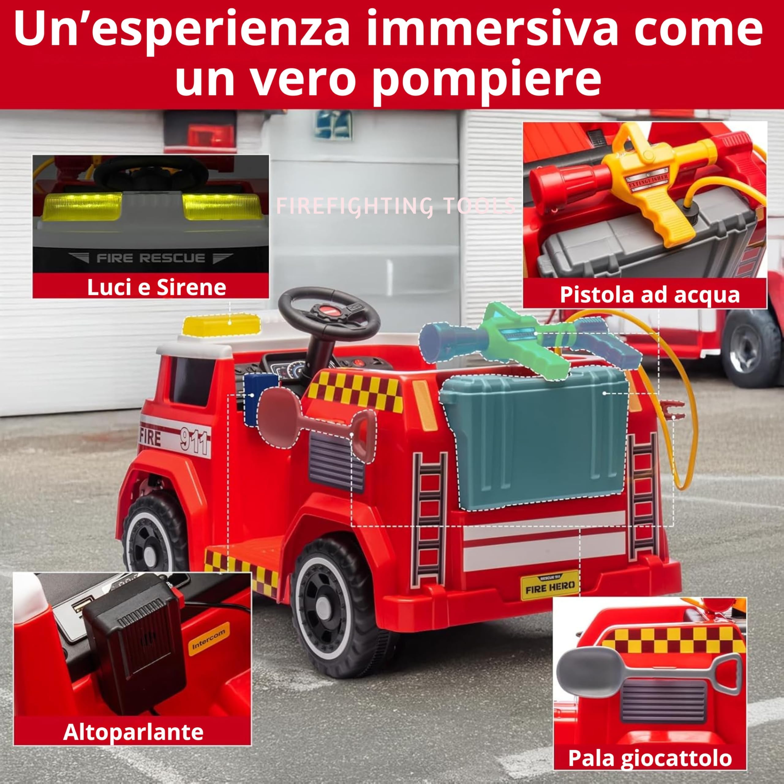 Camion Pompieri Cavalcabile Elettrico 12V per Bambini – Veicolo con Sirena, Luci Lampeggianti, Estintore ad Acqua, Microfono, Telecomando, Musica, LED, USB, Cintura di Sicurezza