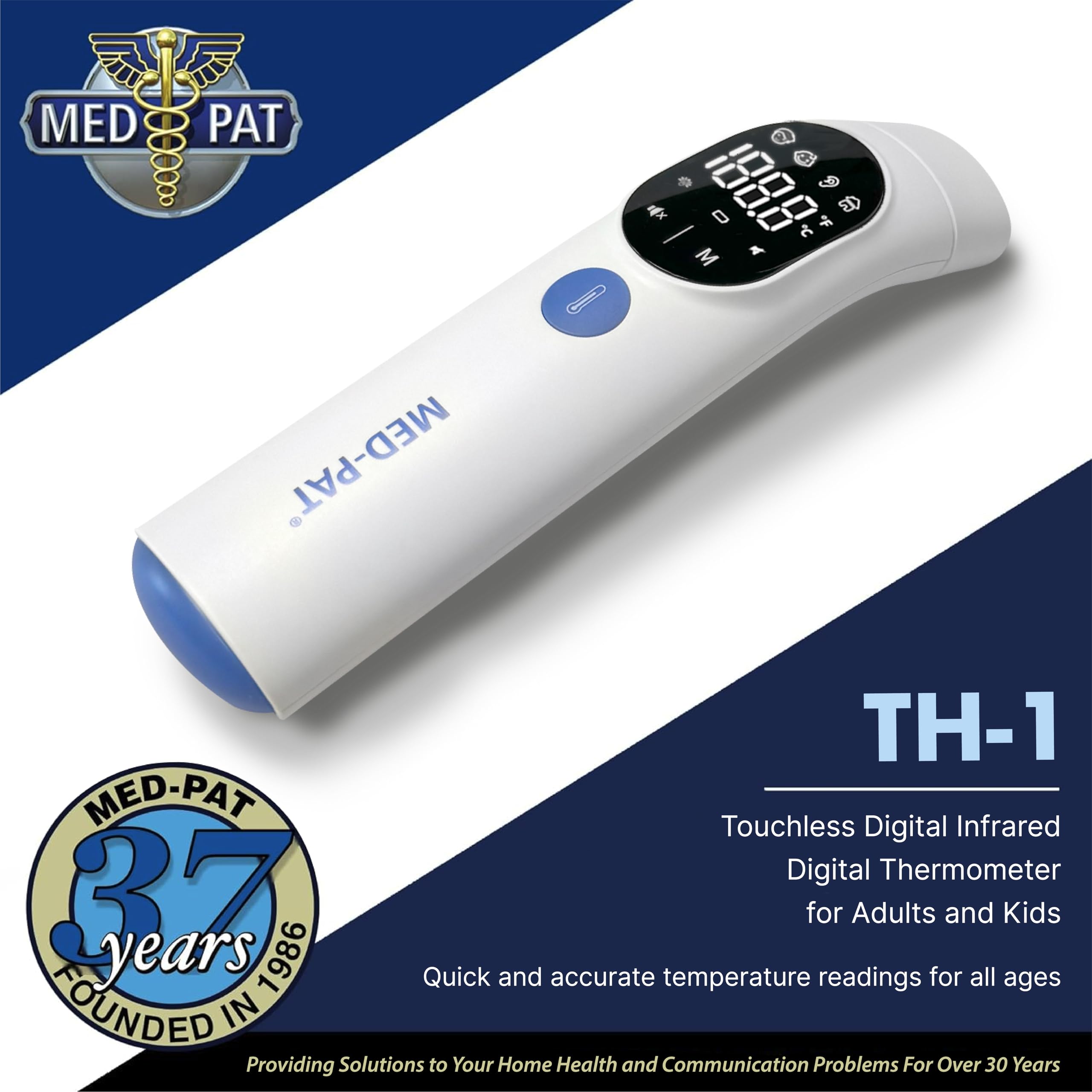 Med-Pat TH-1 - Termometro digitale touchless a infrarossi, risultato in 1 secondo, per bambini, adulti, allarme febbre temperatura, colore HD, modalità fronte e orecchio, luce automatica e modalità