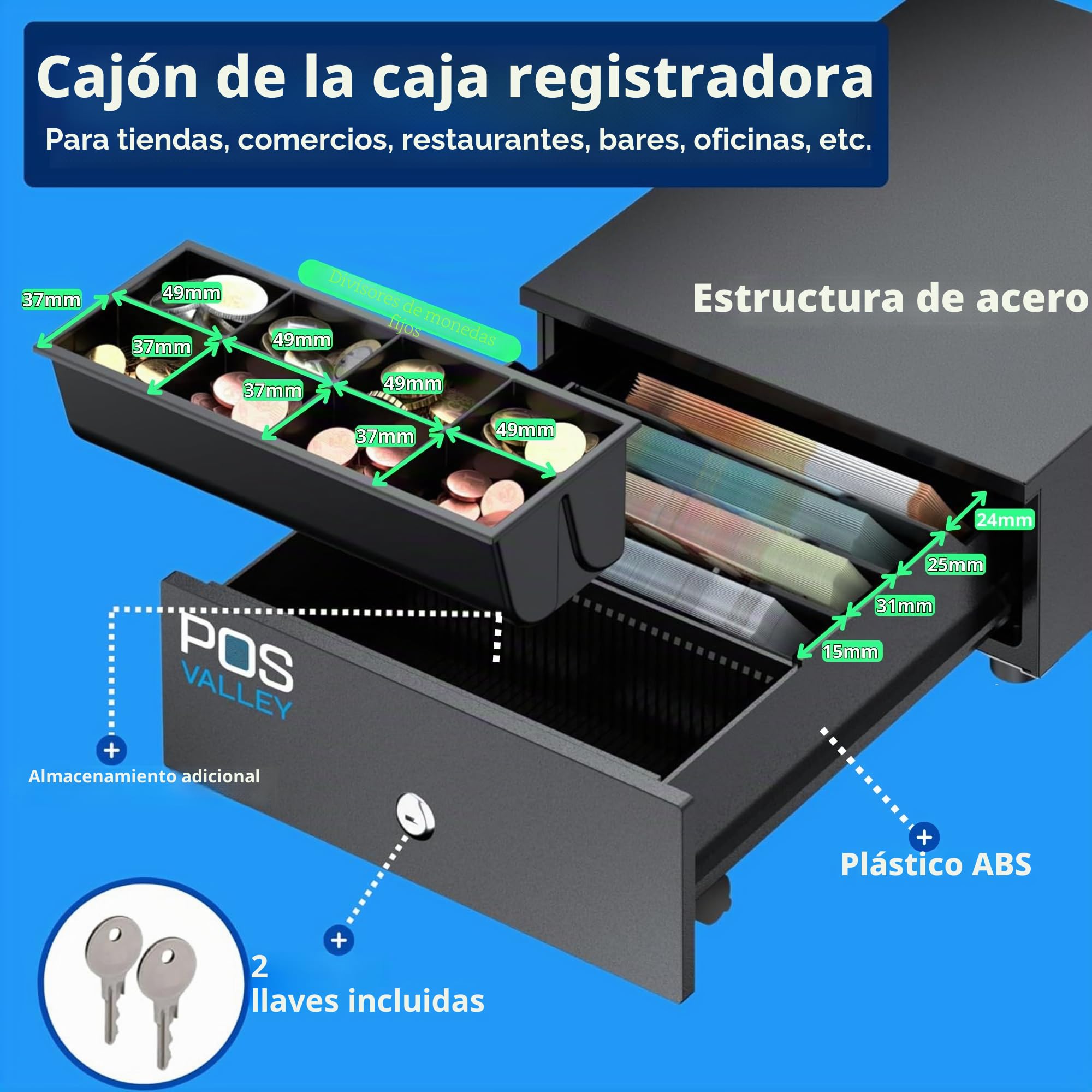 Cajón Mini para Registrador, cajón pequeño para Monedas, Apertura con Impresora RJ y Registrador de Efectivo y Manual, 4 Compartimentos para Billetes y 8 para Monedas, 24 x 32