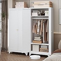 Vista 2 de 71" Metal Wardrobe Cabinet with Hanging Rod, Wardrobe Closet with Doors and Adjustable Shelves, Whiet Clothing Storage Cabinets for Blanco