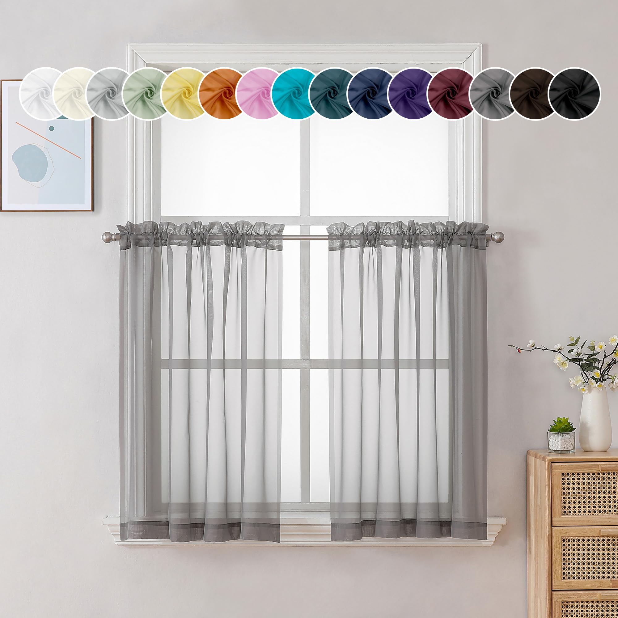 Chyhomenyc Charcoal Grey Sheer Curtains 30 inch Length 2 Panels, Light Filtering Voile Rod Pocket Short Window Curtians for Bathroom Living Room Farmhouse Small Windows, 42Wx30L inches — image 1
