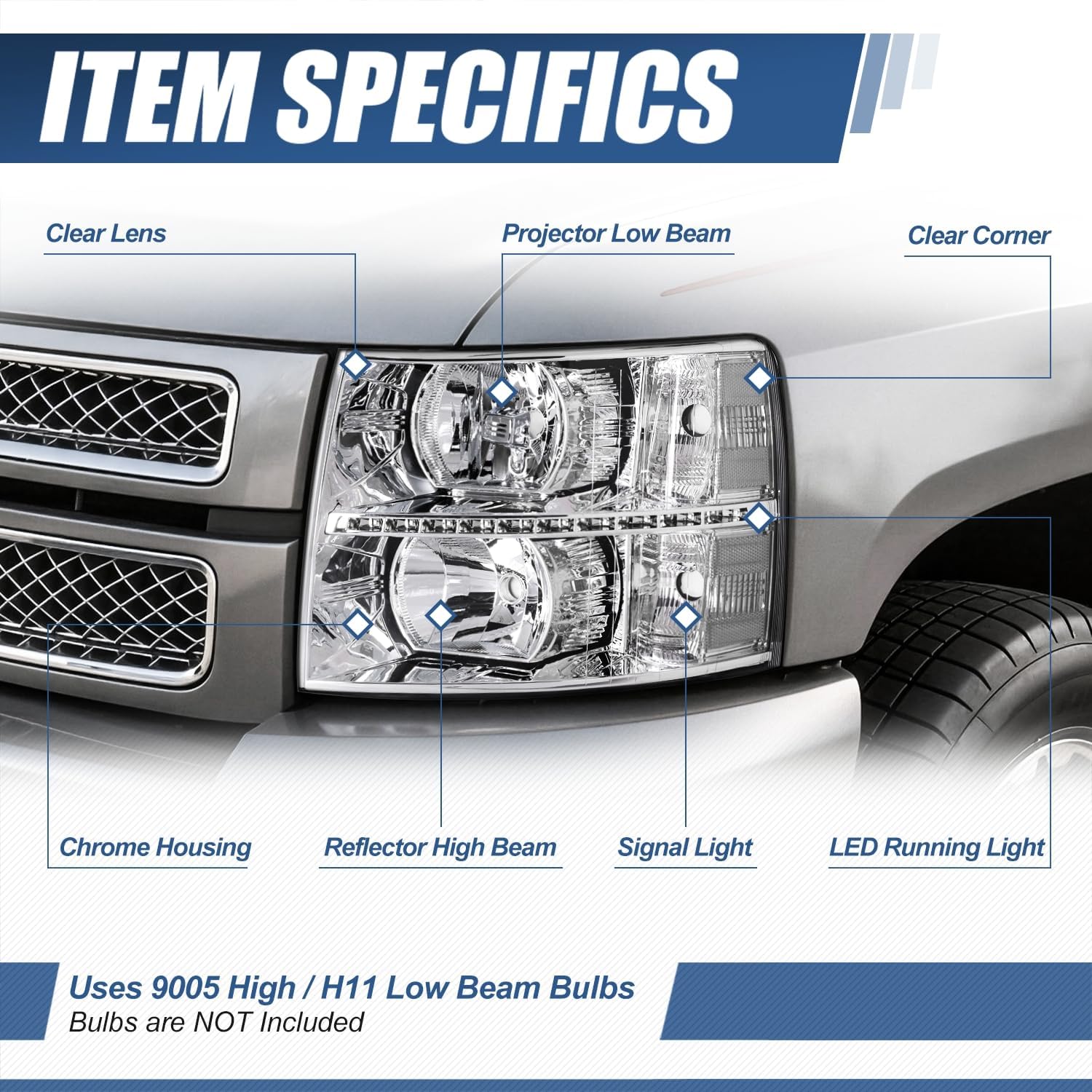 Auto Dynasty LED DRL Headlights Assembly Compatible with 2007-2014 Chevy Silverado 1500 2500 3500 HD, Driver Passenger Side Halogen Headlamps w/LED Running Light Strip, Chrome Housing Clear Corner