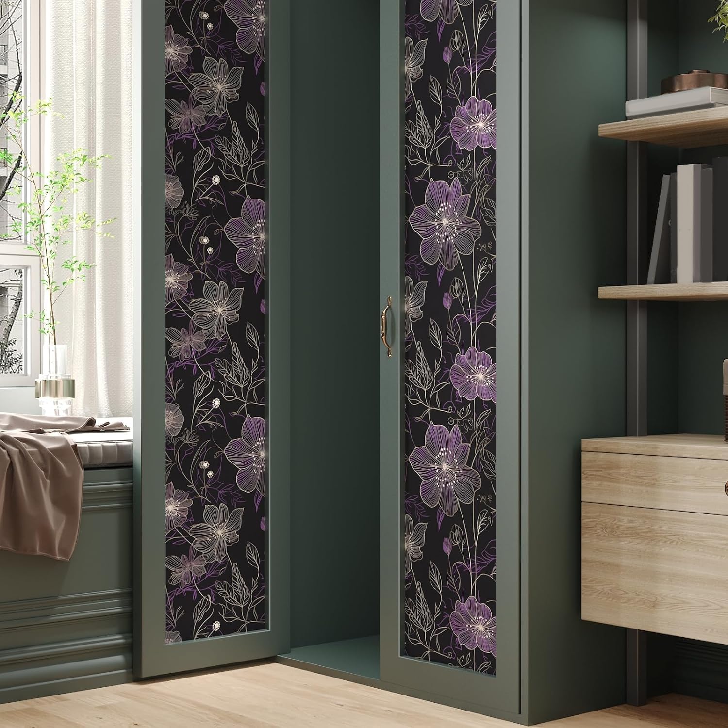Laatse Purple Floral Wallpaper Peel and Stick Boho Wallpaper Dark Floral Contact Paper Waterproof Self Adhesive Vintage Botanical Wall Paper for Bedroom Walls Cabinet Decor 17.5“x393”