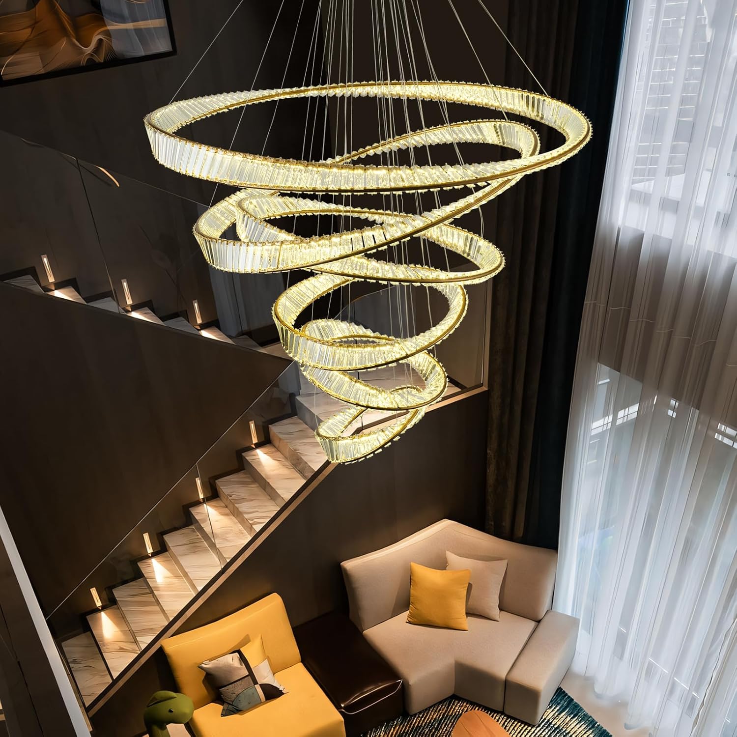 Modern 6-Ring Crystal Led Chandelier for High Ceiling, Dimmable Gold Ceiling Light Fixture for Foyer, Living Room, Villa Stairwell & Grand Entrances