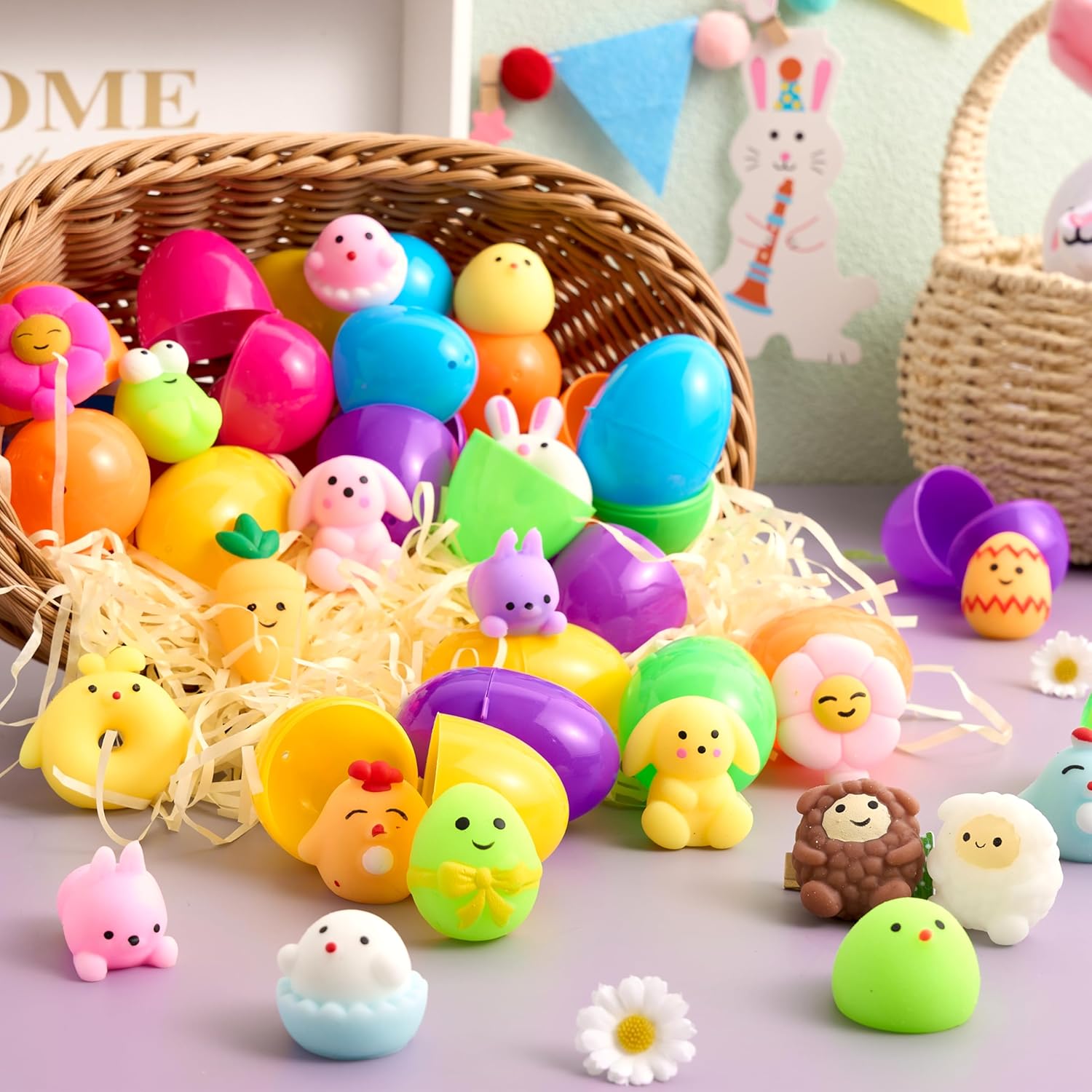 JOYIN 24 Pcs Easter Prefilled Eggs with Mochi Squishy Toys, Cute Stress Reliever Squishy Toy for Kids Party Favor, Basket Stuffers, Animal Easter Egg Filler, Classroom Prize Supplies