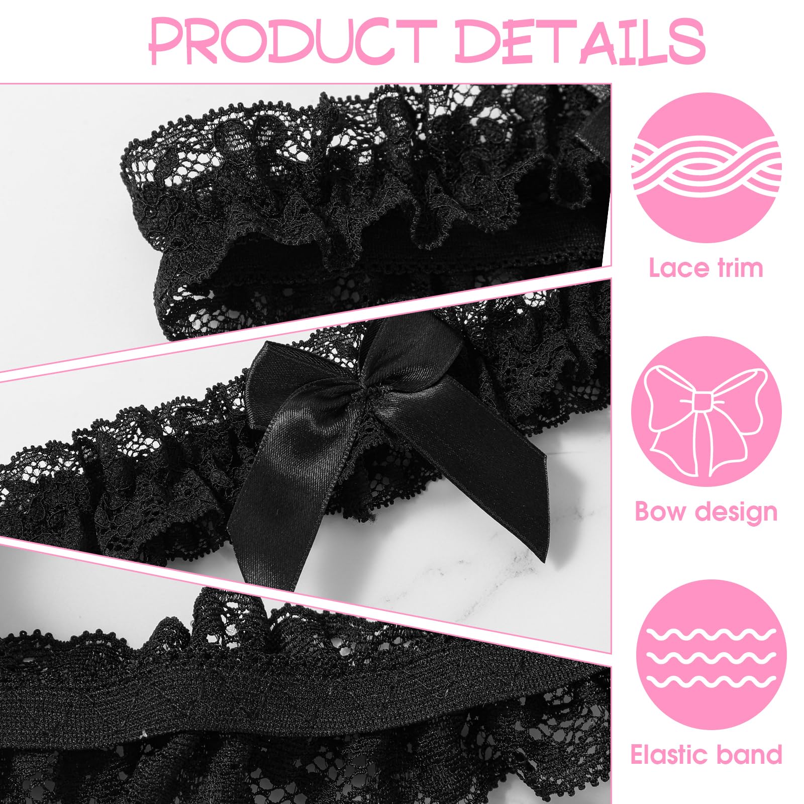 2PCS Lace Wedding Garter for Bride, Black Garter Belt with Bowknot, Sexy Thigh Garters for Women, Legthigh Garters Belt for Wedding, Party, Gifts for Women and Girls（13.39-23.62 Inches）