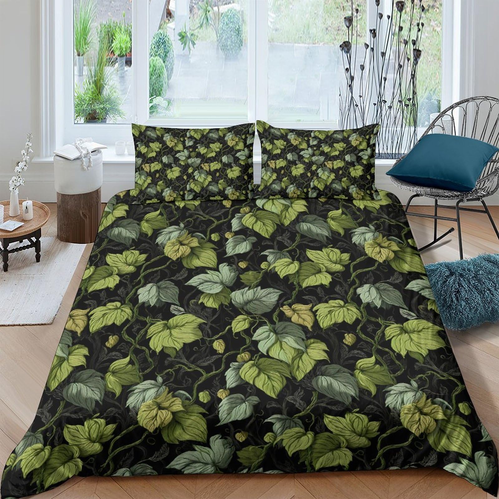 GPLZQXKJNH 3D Printed Green Leaf Duvet Cover Microfiber Soft Botanical Bedding Set with 2 Pillowcases for Bedroom Decor Single（135x200cm）