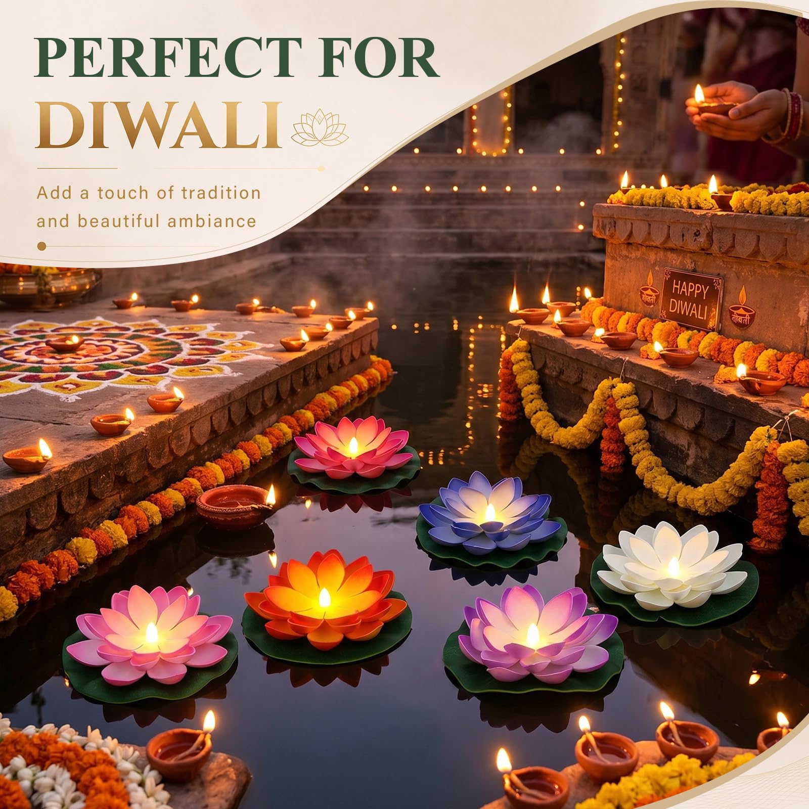 Liliful 24 luces flotantes de loto Diwali, 5.91 pulgadas, 6 colores