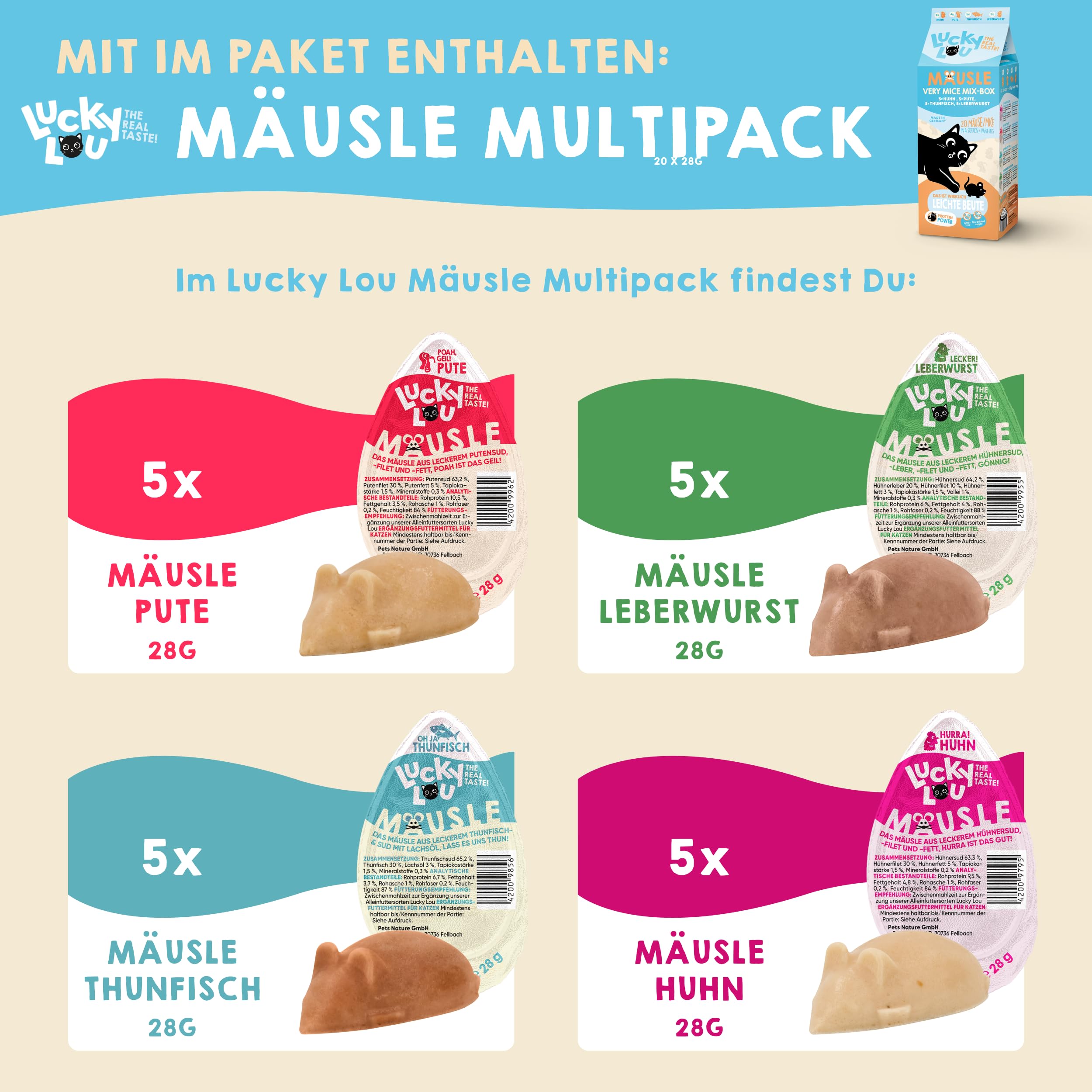 Lucky Lou Probier-Paket mit Katzenfutter nass und trocken & Katzen-Leckerlis in verschiedenen Sorten - Katzen-Leckerlie, Nassfutter & Trockenfutter ohne Getreide & Zucker im Mix