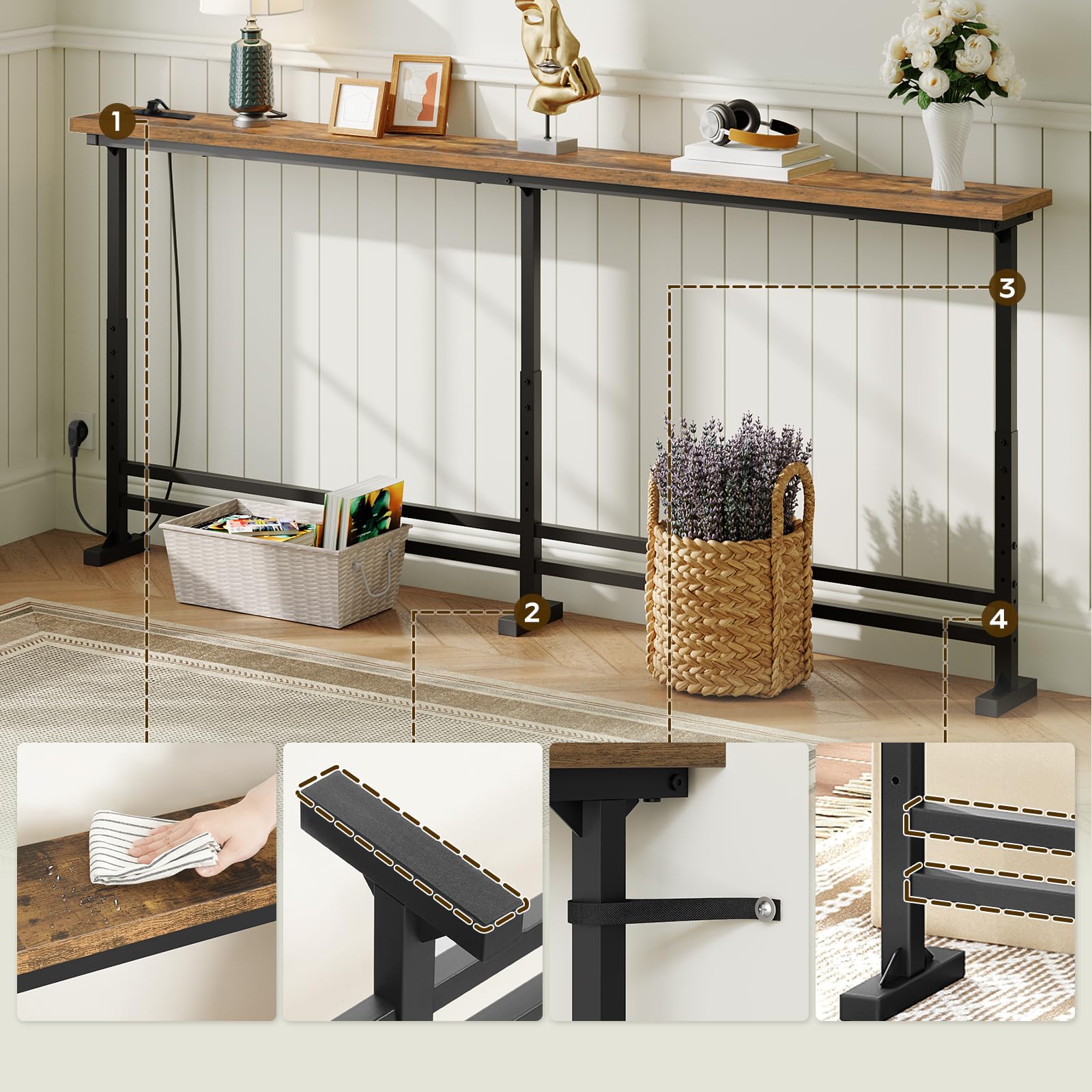YATINEY Wąski stolik konsolowy, wąski stolik do przedpokoju, 200 cm długości, 1 gniazdo AC, 1 gniazdo USB-A, 1 gniazdo typu C, do salonu, przedpokoju, vintage brązowo-czarny XCT09CBR