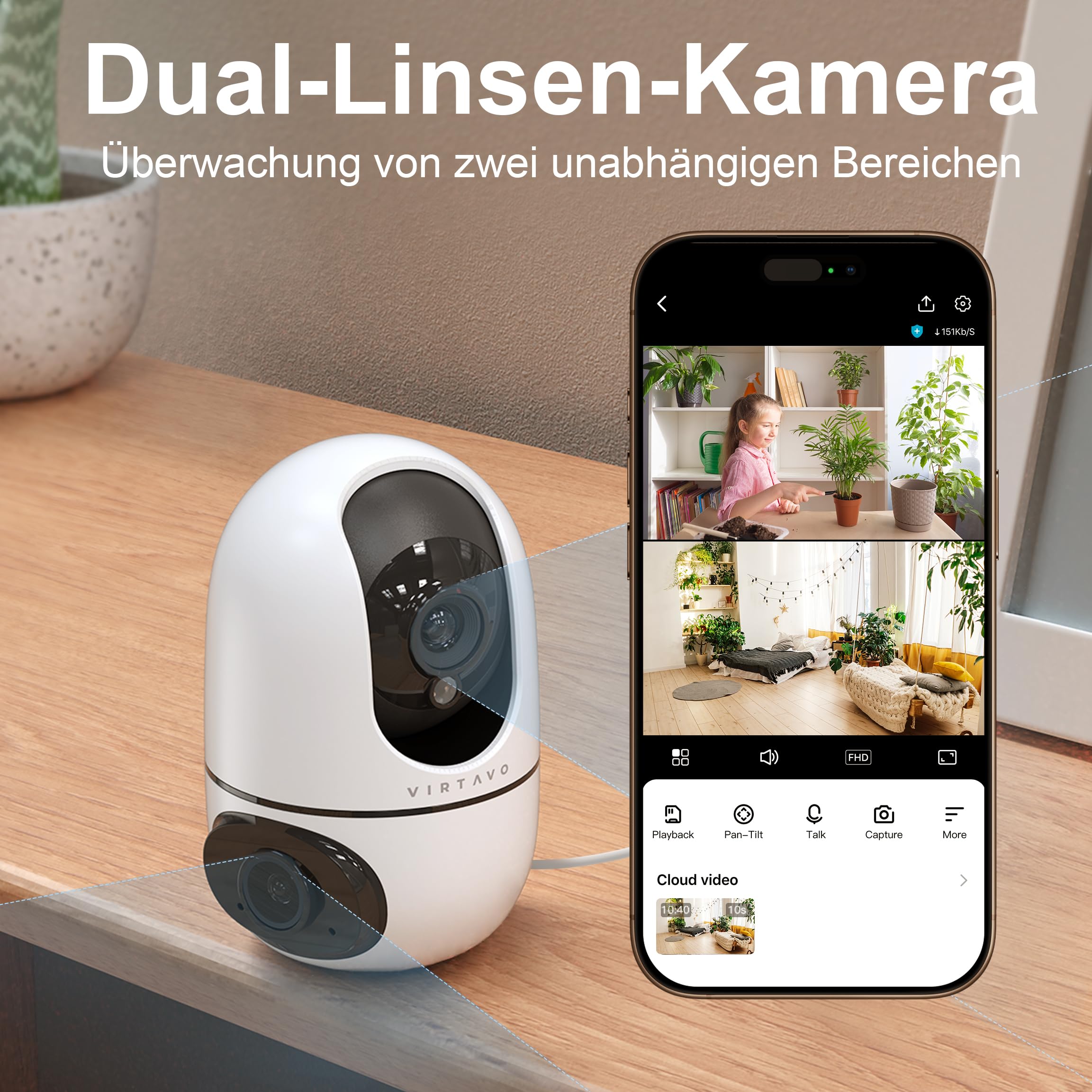VIRTAVO Überwachungskamera Innen, Indoor Camera for Home Security,2MP, 24/7 WiFi, WLAN Dual Lens Kamera Überwachung Innen mit 360° PTZ, Auto Tracking Bewegungserkennung Farbnachtsicht, 2-Wege-Audio