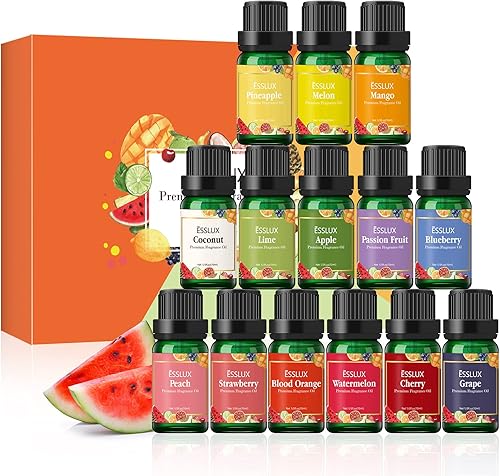 ESSLUX - Juego de 14 aceites aromáticos frutales de primera calidad para difusor aromas para hacer velas de jabón coco melocotón sandía piña y más