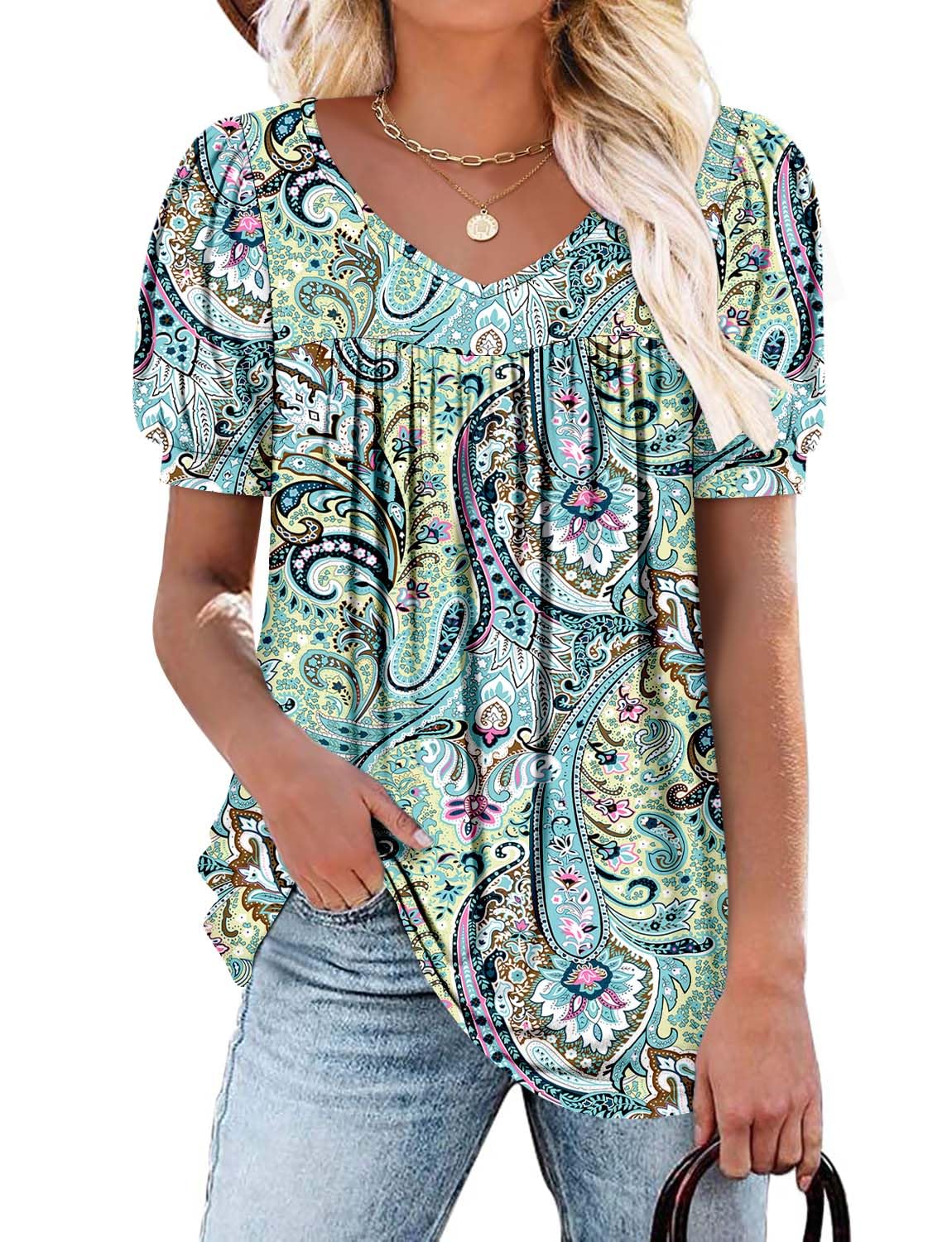 ROSELINLIN Womens Ruffle Sleeve Tunic Tops V Neck Loose Fit Short Sleeve Summer Shirts