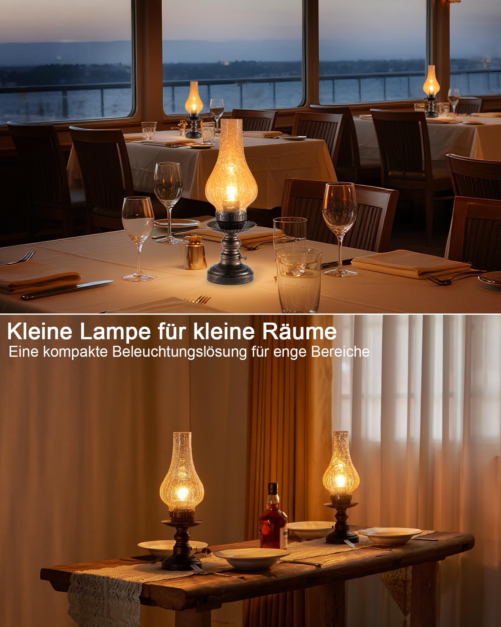 Kabellos Tischlampe Vintage Tischleuchte Ohne Kabel Akku Aufladbar | Touch Dimmbar, LED Keine Glas Lampe, Retro Antik Nachttischlampe Schlafzimmer Wohnzimmer Fensterbank Landhaus Deko