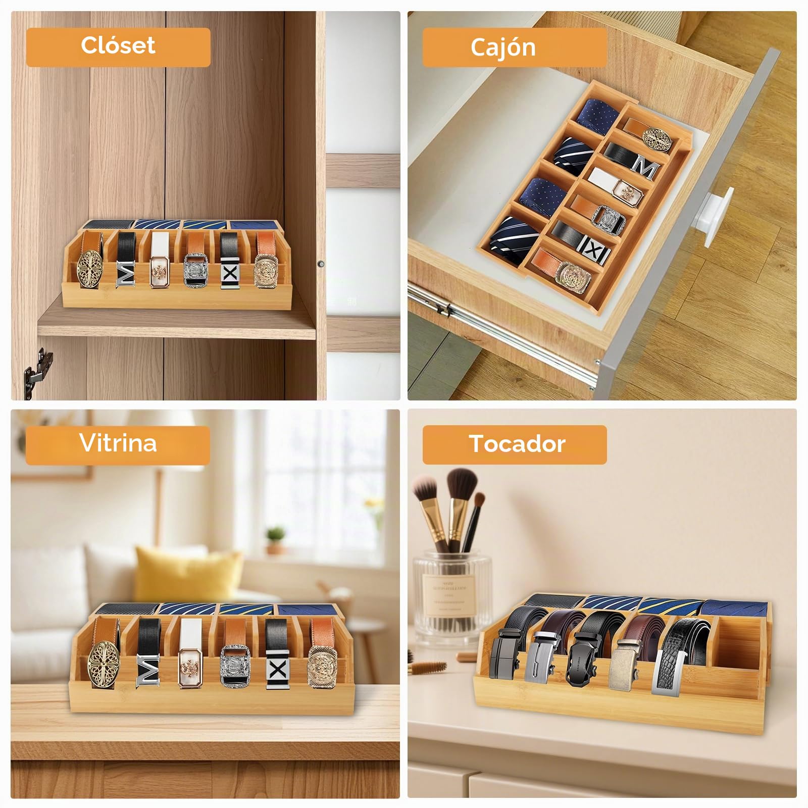 Organizador de Cinturón de Madera, 10 Compartimentos, Soporte de Cinturón de Bambú para Armario y Cajón, Estante de Exhibición para Hombres y Mujeres, Color de Madera