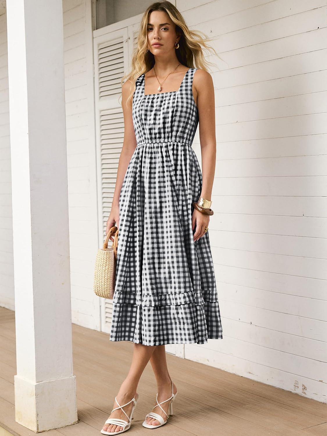 Caracilia Womens Summer Casual Gingham Plaid Midi Dress Sleeveless Square Neck Flowy Beach Vacation Sundress with Pockets - Image 7