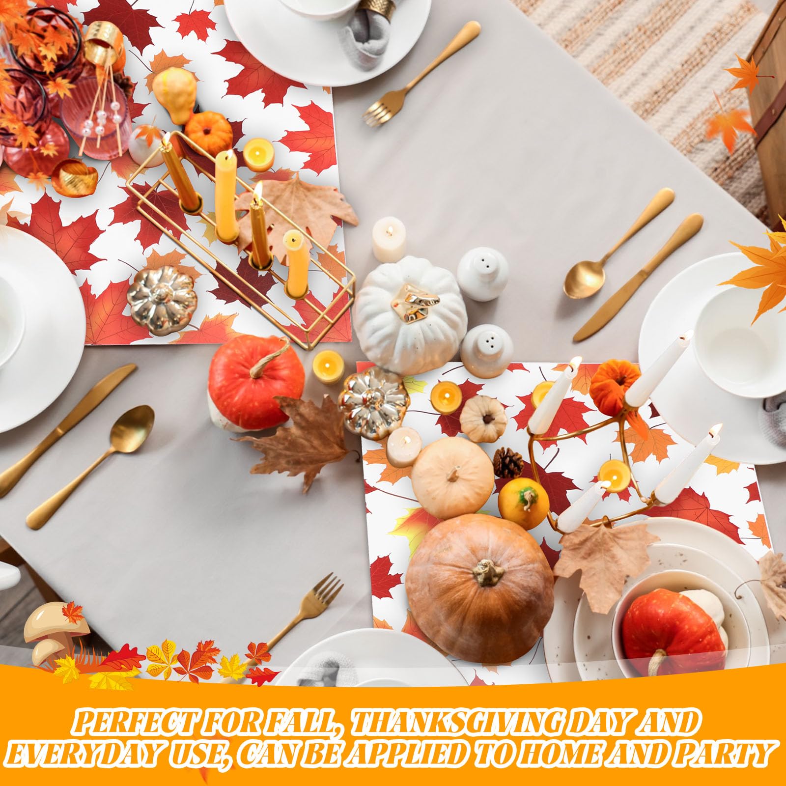 Paquete de 100 manteles individuales de papel de hoja de arce para mesa de comedor, hojas de cosecha, manteles desechables decorativos de otoño para suministros de fiesta de Acción de